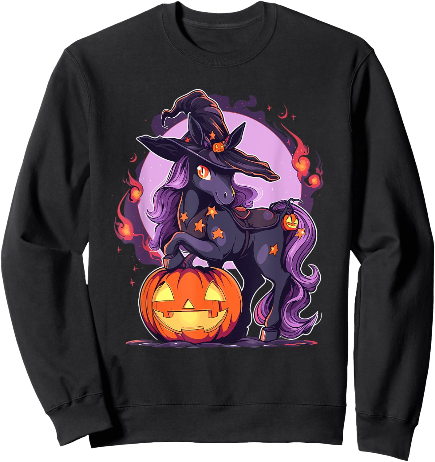 Halloween Horse Witch Hat Jack o Lantern Horse Rider Graphic Sweatshirt - Sweatshirt | Black