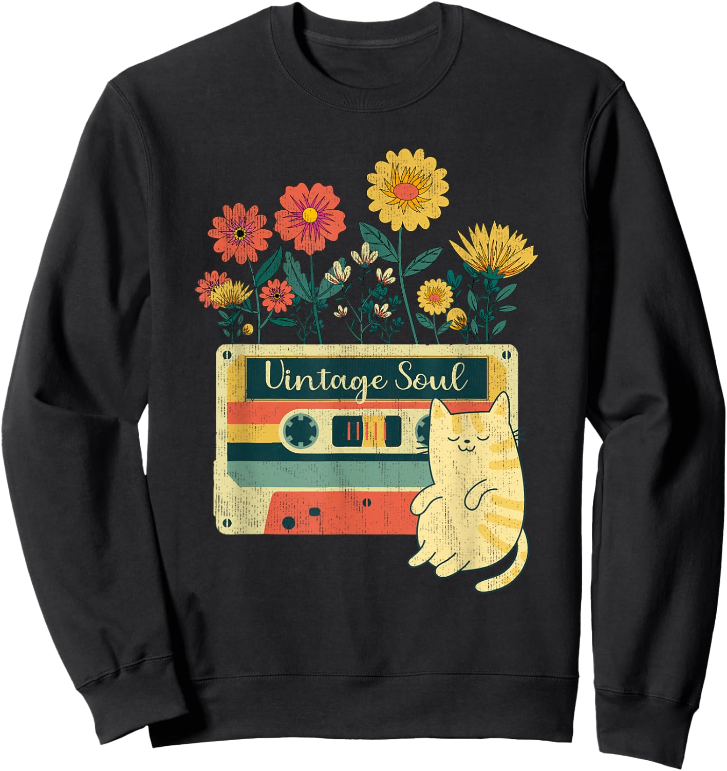 Vintage Cat Shirt - Retro Soul Flowers Wildflower Sweatshirt - Sweatshirt | Black