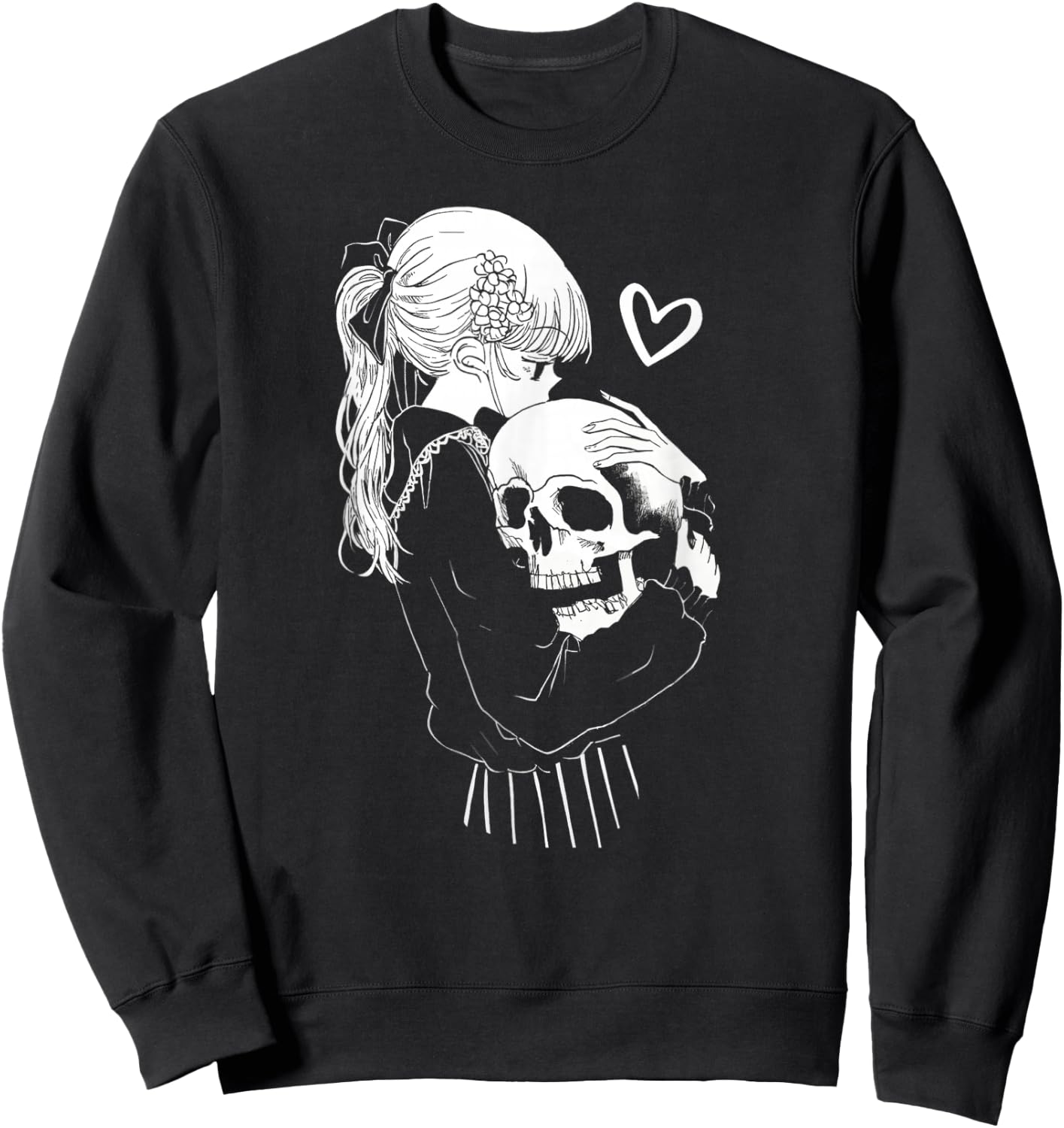 Creepy Cute Anime Schoolgirl Cuddles Skeleton Skull Dark Art Sweatshirt - Sweatshirt | Black