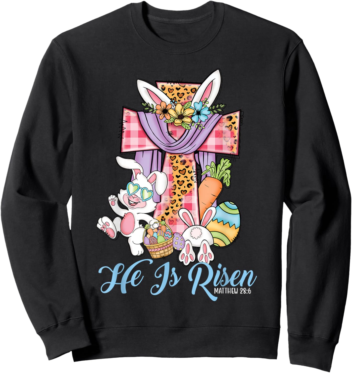 He is Risen Kids Leopard Cross Bunny Happy Easter Sweatshirt - Sweatshirt | Black