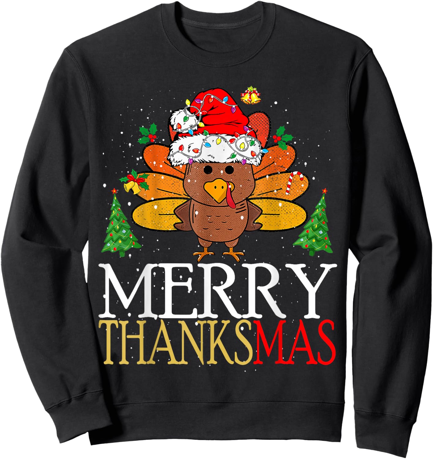 Merry Thanksmas Happy Thanksgiving Santa Turkey Sweatshirt - Sweatshirt | Black