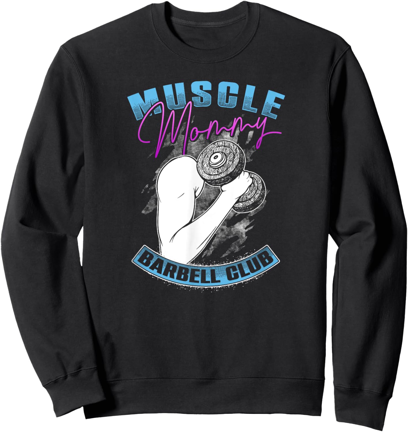 Retro Blue Pink Muscle Mommy Barbell Lifting Club Sweatshirt - Sweatshirt | Black