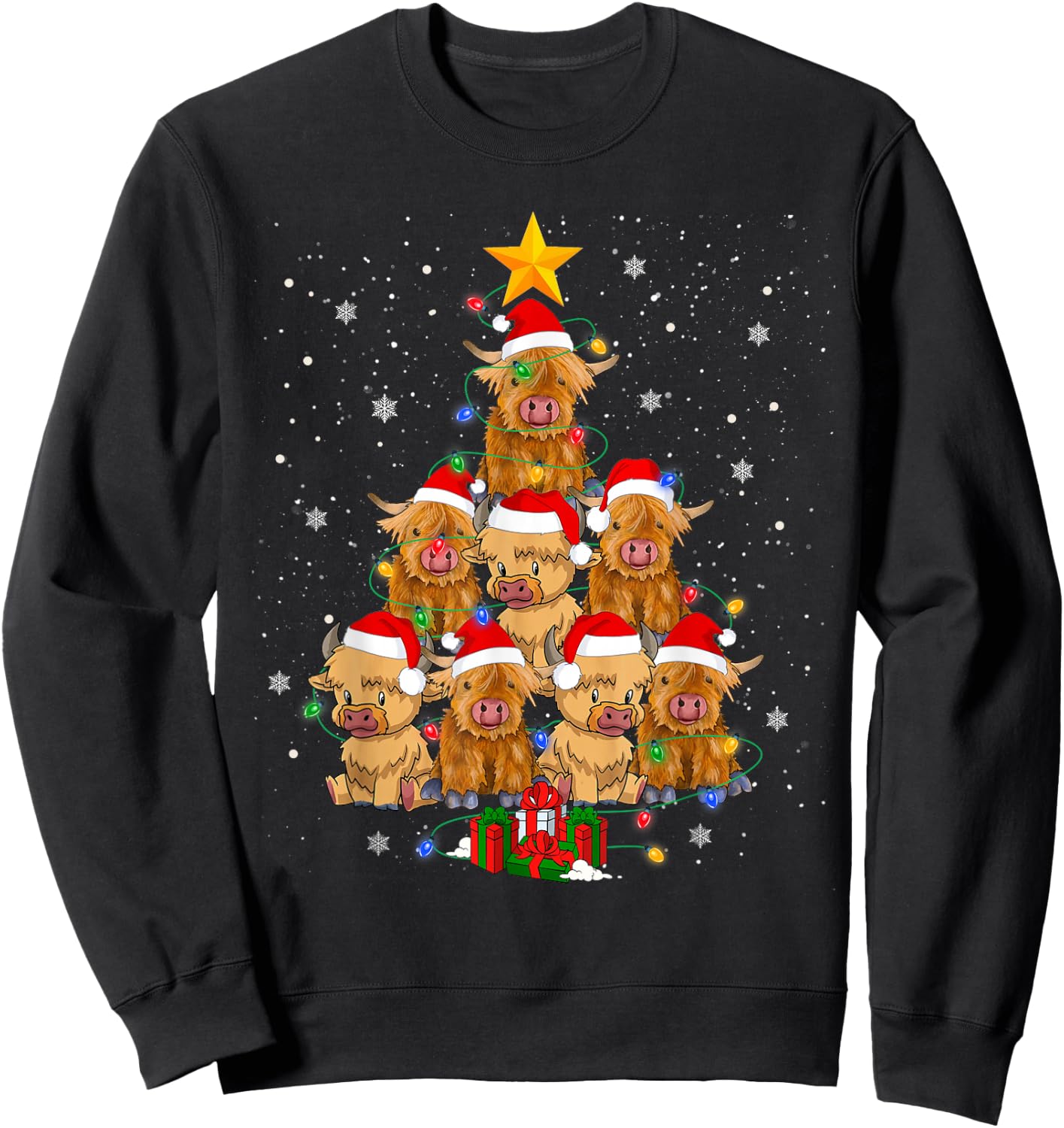 Scottish Highland Cow Christmas Tree Funny Cow Lover Xmas Sweatshirt - Sweatshirt | Black