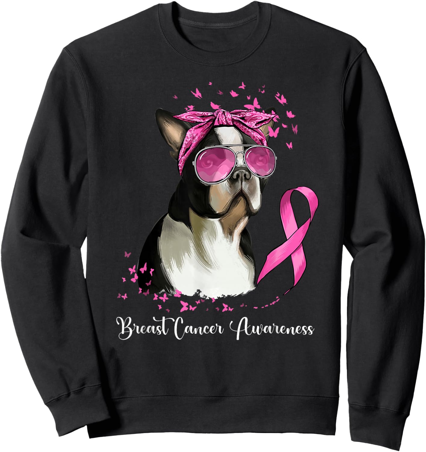Boston Terrier Dog Lover Pink Ribbon Breast Cancer Awareness Sweatshirt - Sweatshirt | Black