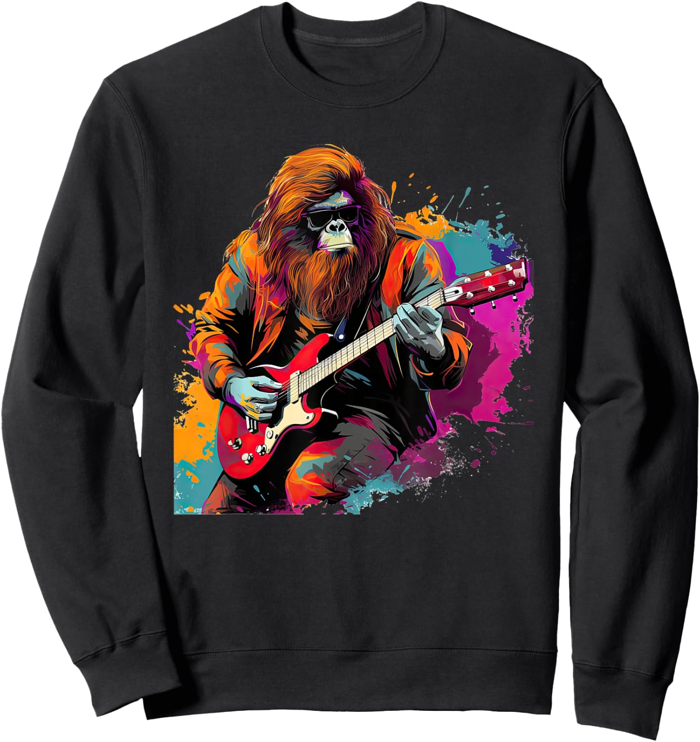 Bigfoot Guitarist Sasquatch Musician Colorful Rock Star Sweatshirt - Sweatshirt | Black