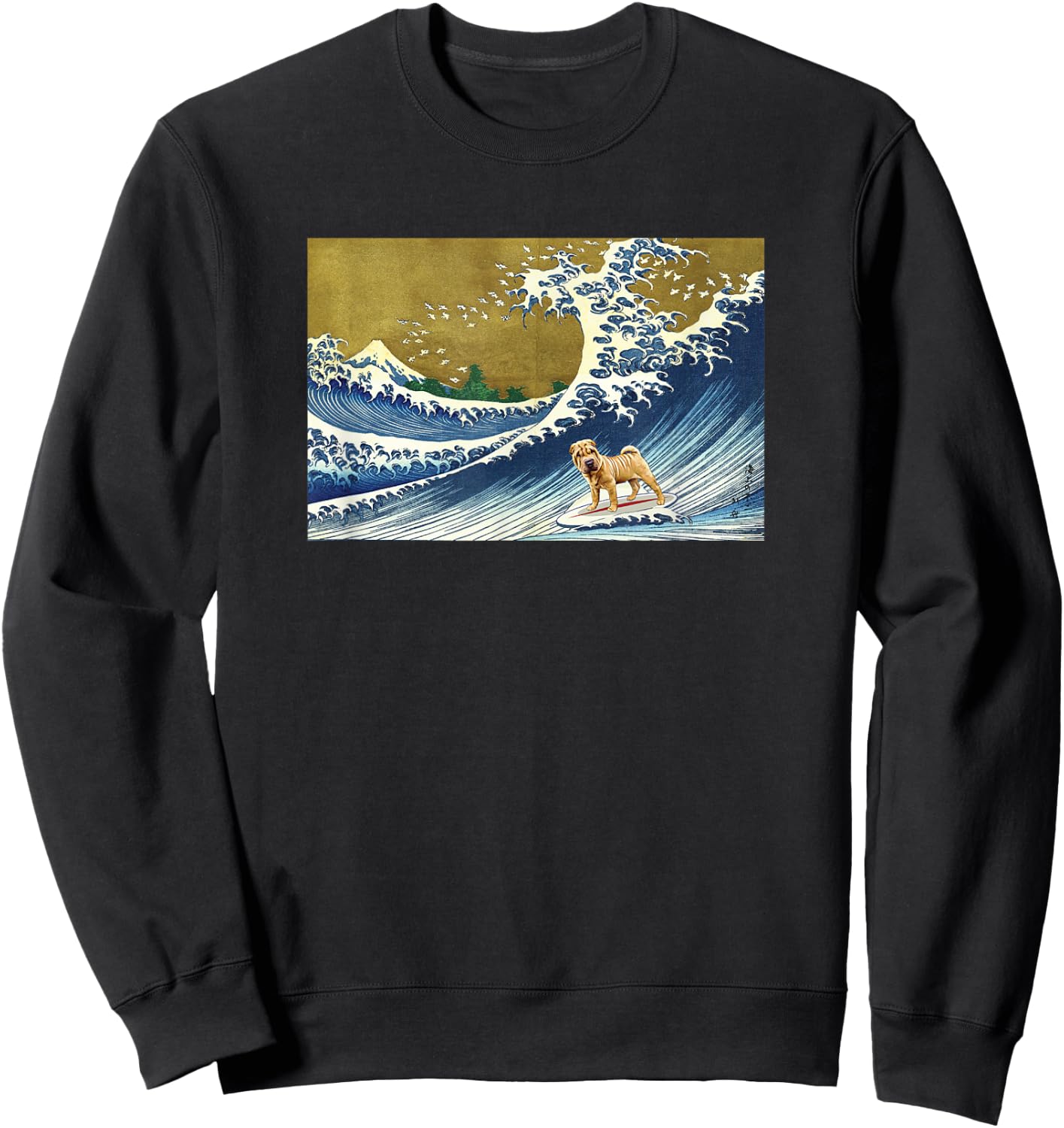 Funny Retro Vintage Surfing A Great Wave Shar Pei Dog Lover Sweatshirt - Sweatshirt | Black