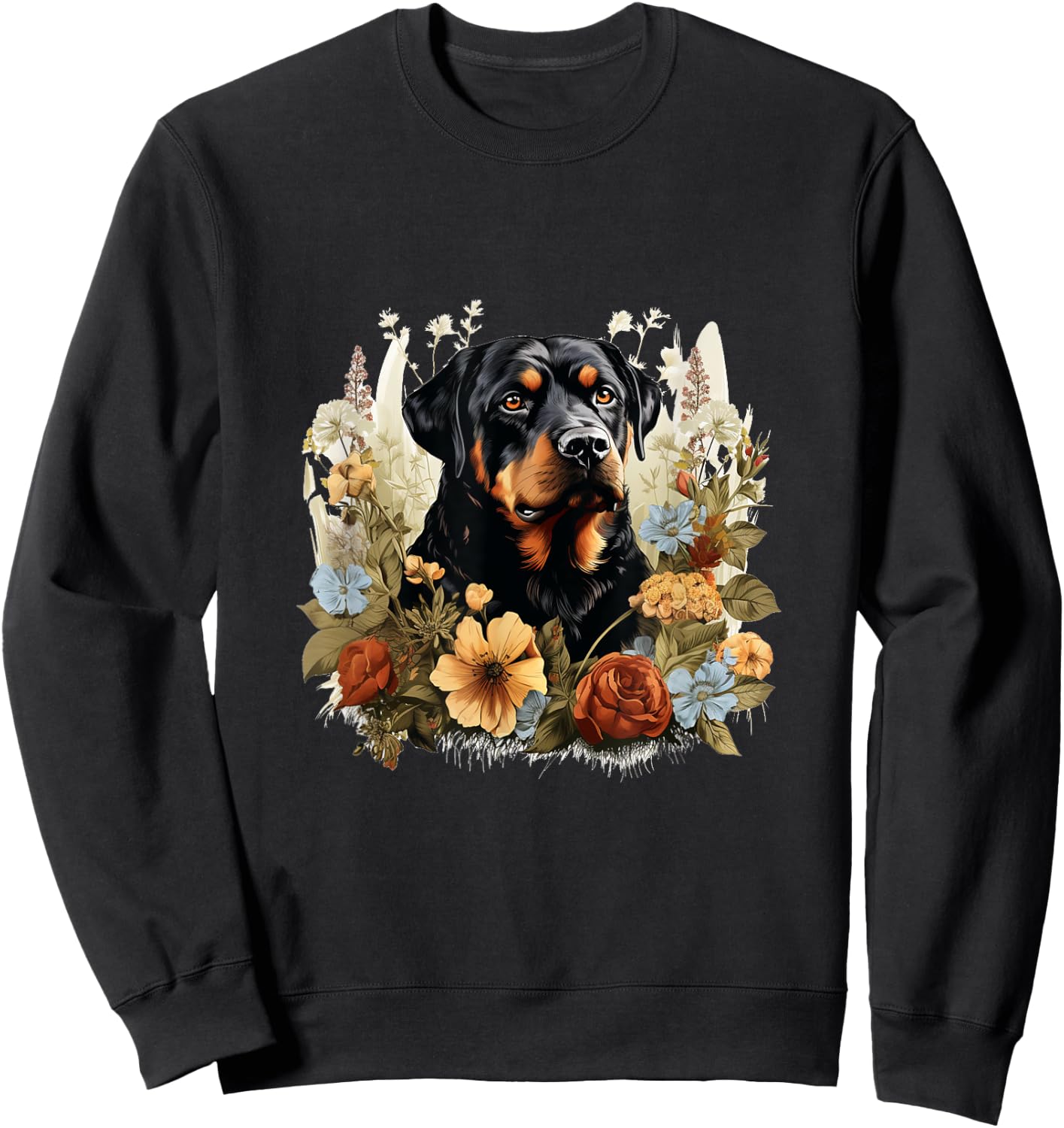 Rottweiler Dog With Flowers Vintage Pastel Floral Border Men Women Kids Sweatshirt - Sweatshirt | Black