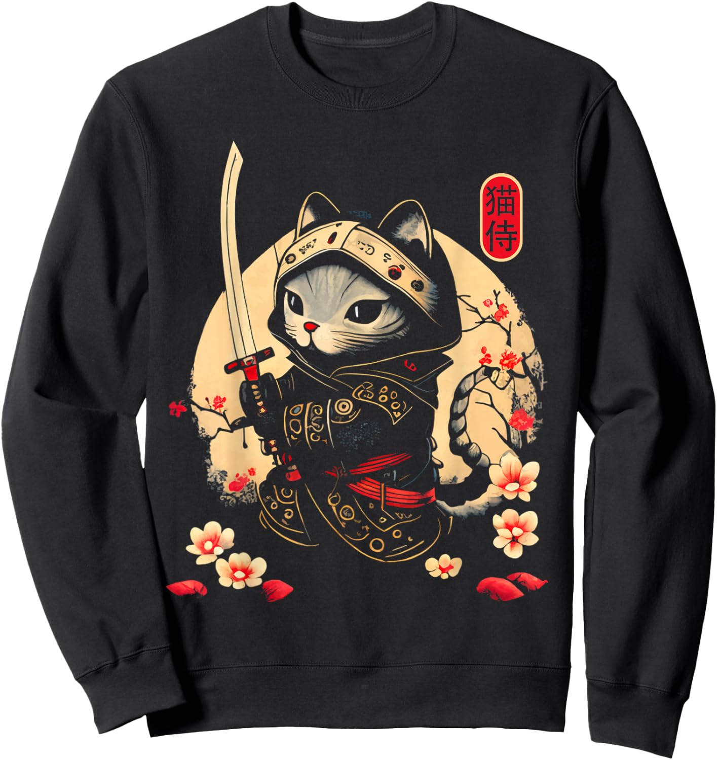 Japanese Samurai Cat Tattoo, Kawaii Ninja Cat Sweatshirt - Sweatshirt | Black
