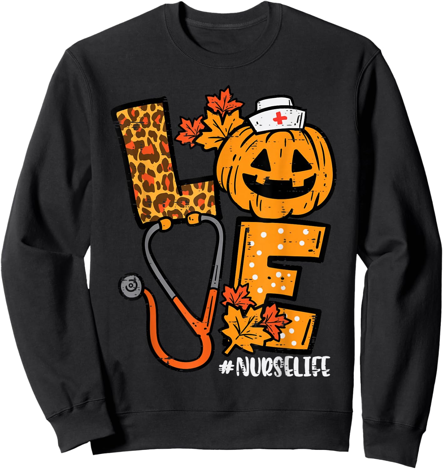 Leopard Pumpkin Nurse Halloween Costume Fall Scrub Top Women Sweatshirt - Sweatshirt | Black