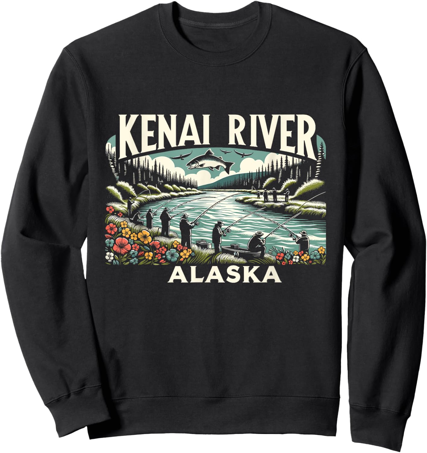 Kenai River Alaska AK Salmon Fishing Nature Lovers Retro Sweatshirt - Sweatshirt | Black