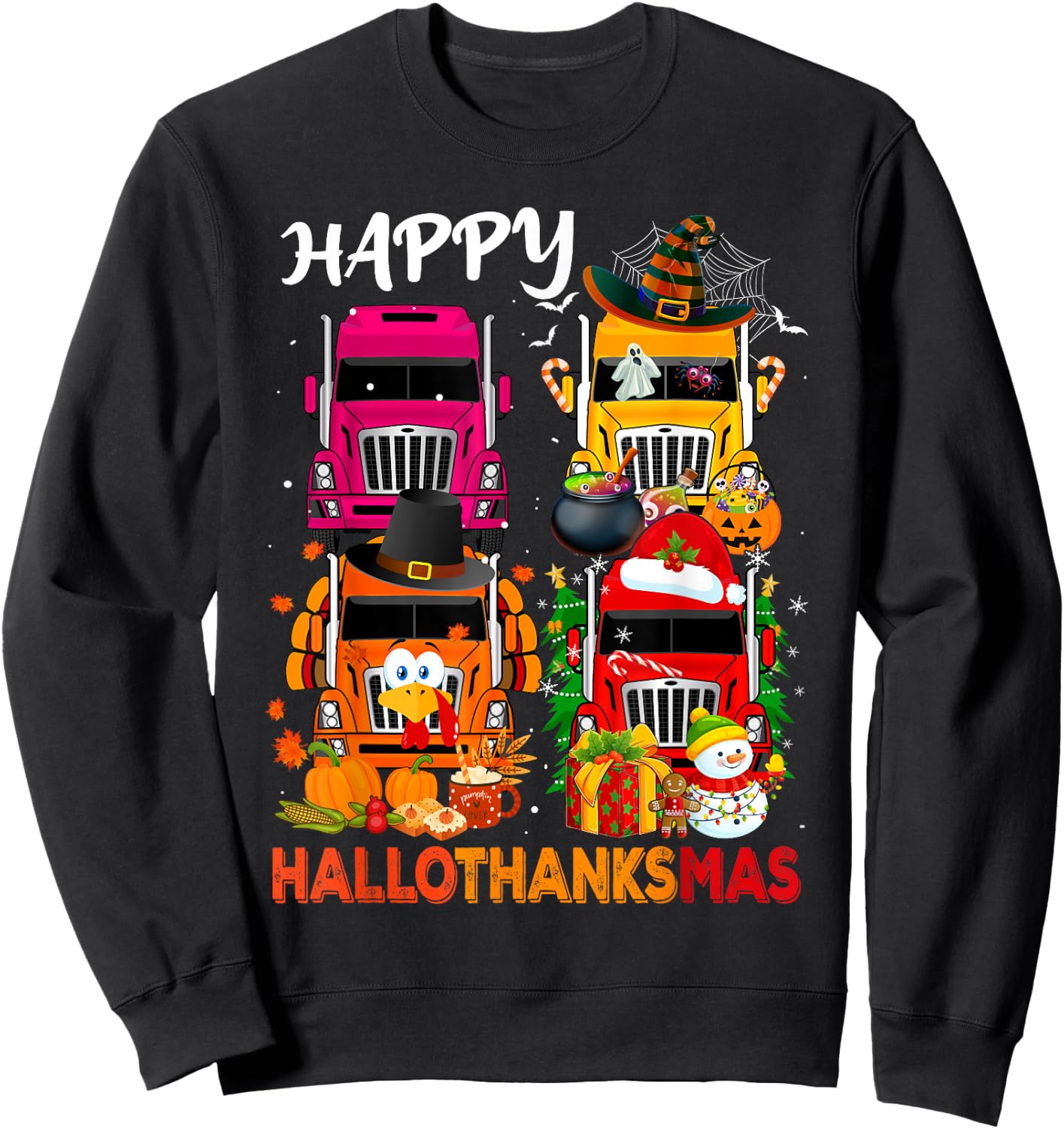 Witch Turkey Santa Trucks Truckers Happy HalloThanksMas Men Sweatshirt - Sweatshirt | Black