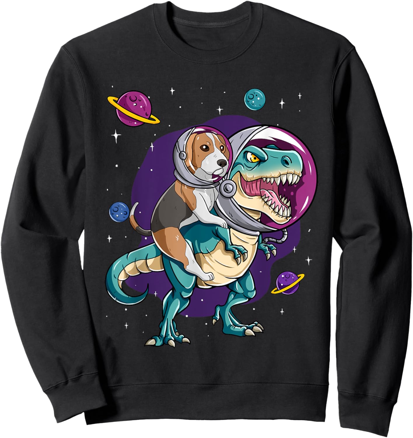 Dinosaur T Rex Space Planets Sparkles Beagle Sweatshirt - Sweatshirt | Black