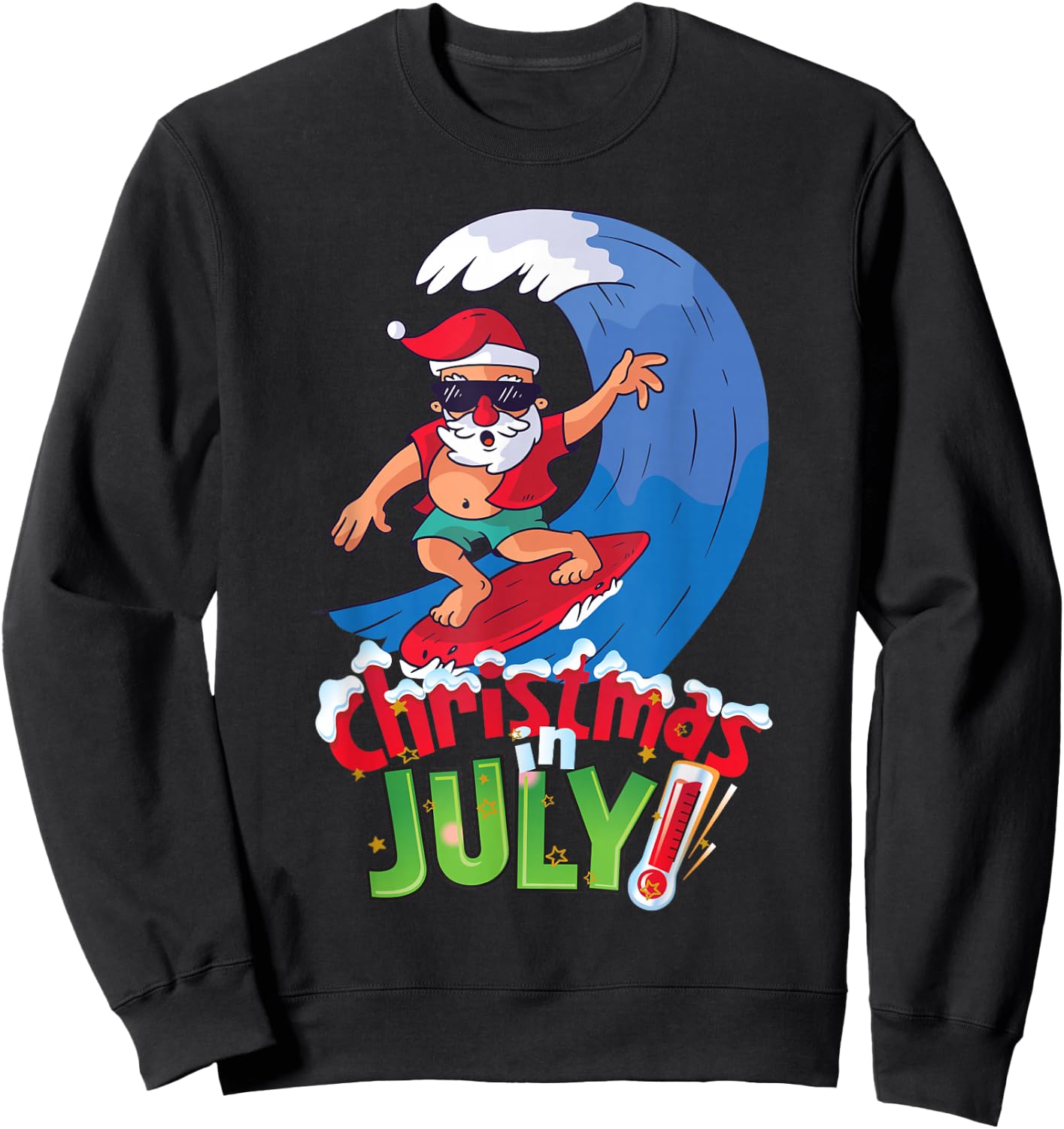 Funny Christmas in July Shirt Summer Santa Surfing Xmas Sweatshirt - Sweatshirt | Black