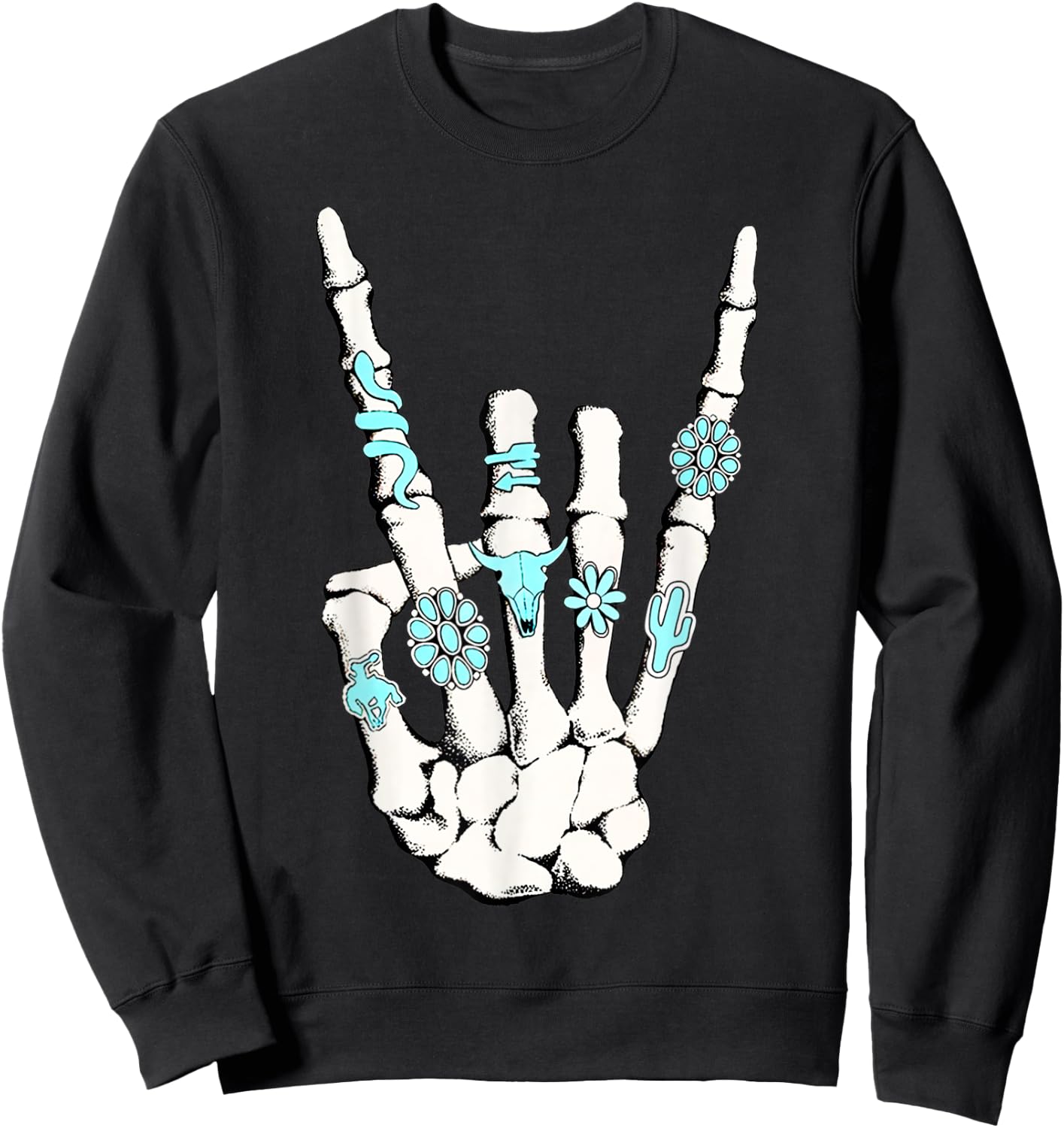 Skeleton with Turquoise Hand Western Skeleton Rings Lover Sweatshirt - Sweatshirt | Black