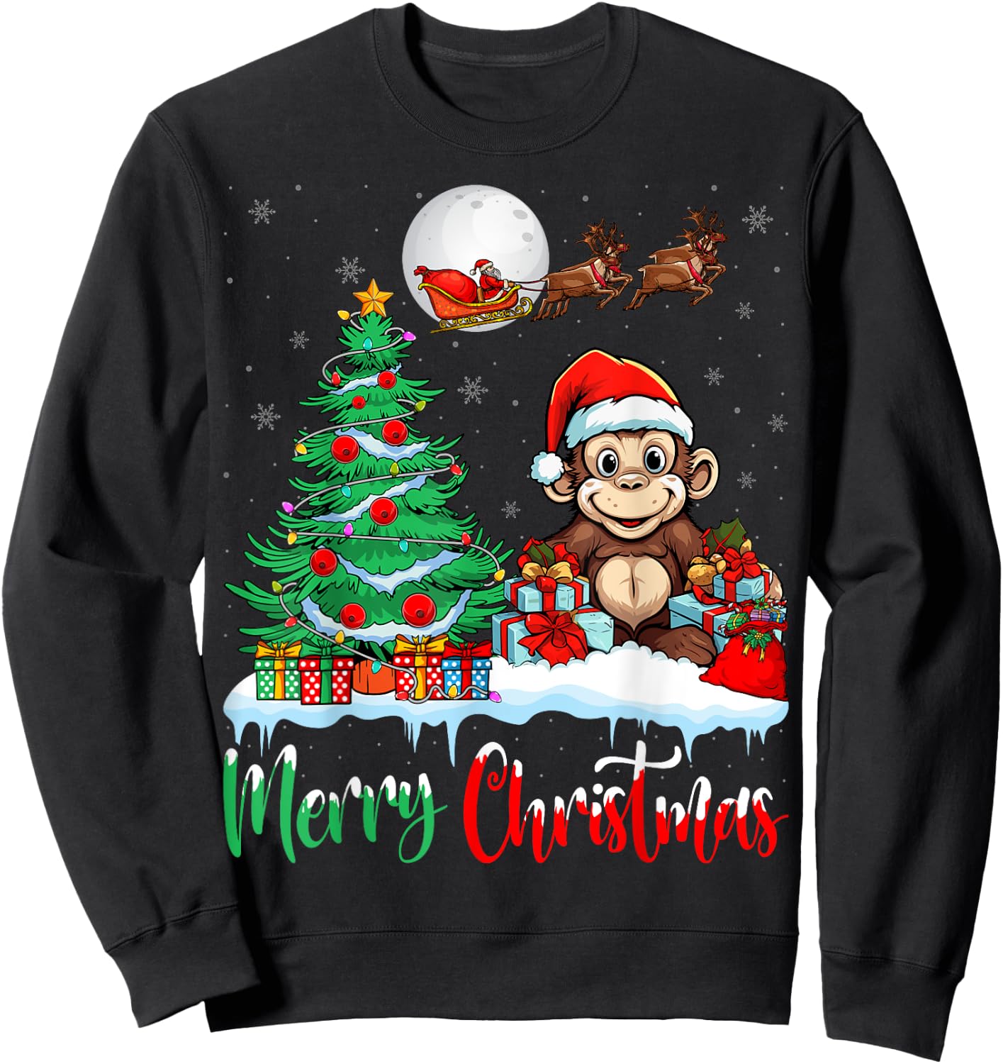 Monkey Santa Hat Xmas Lights Merry Christmas Monkey Sweatshirt - Sweatshirt | Black