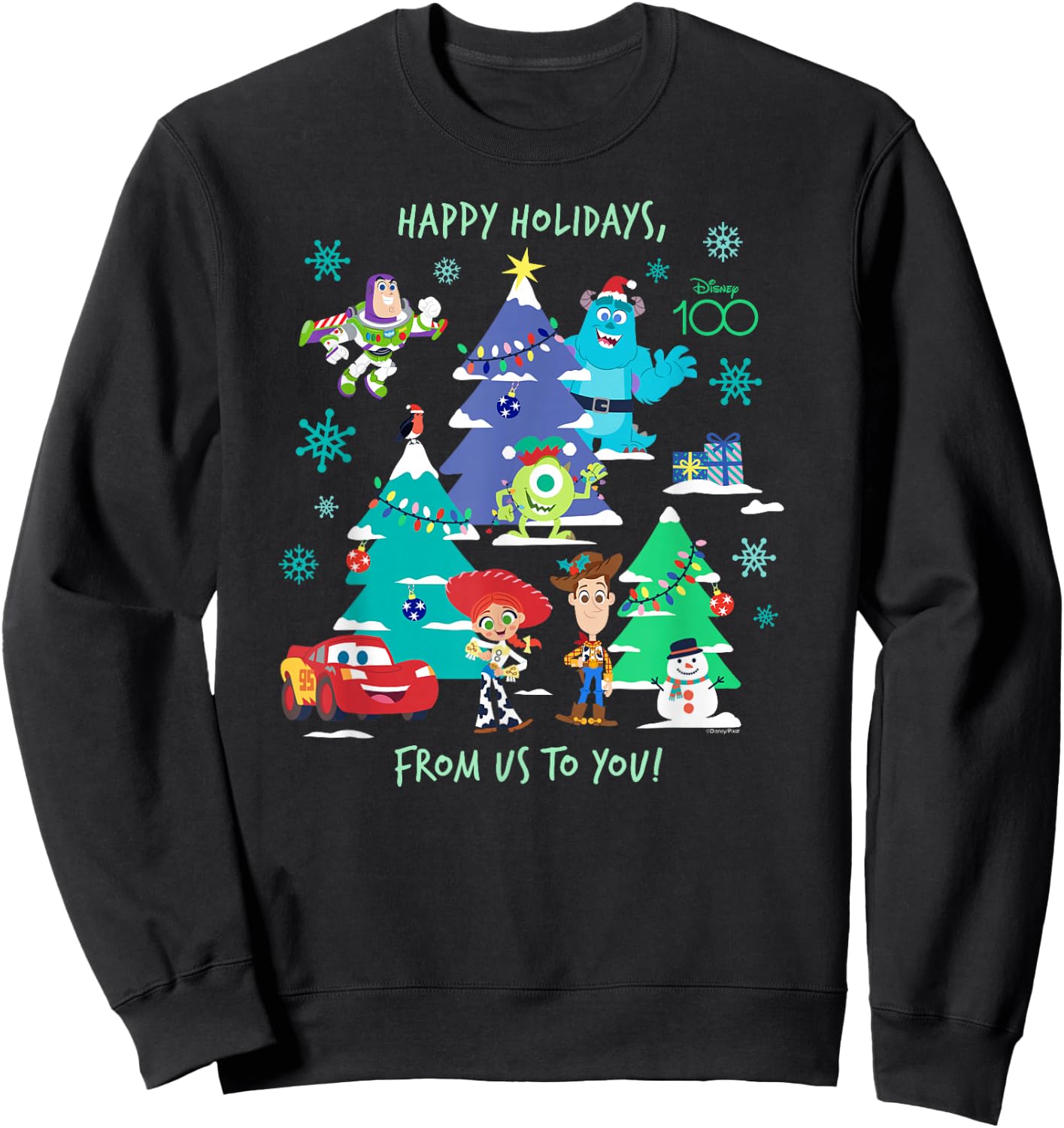 Disney 100 and Pixar Christmas Happy Holidays from Us to You Sweatshirt - Sweatshirt | Black