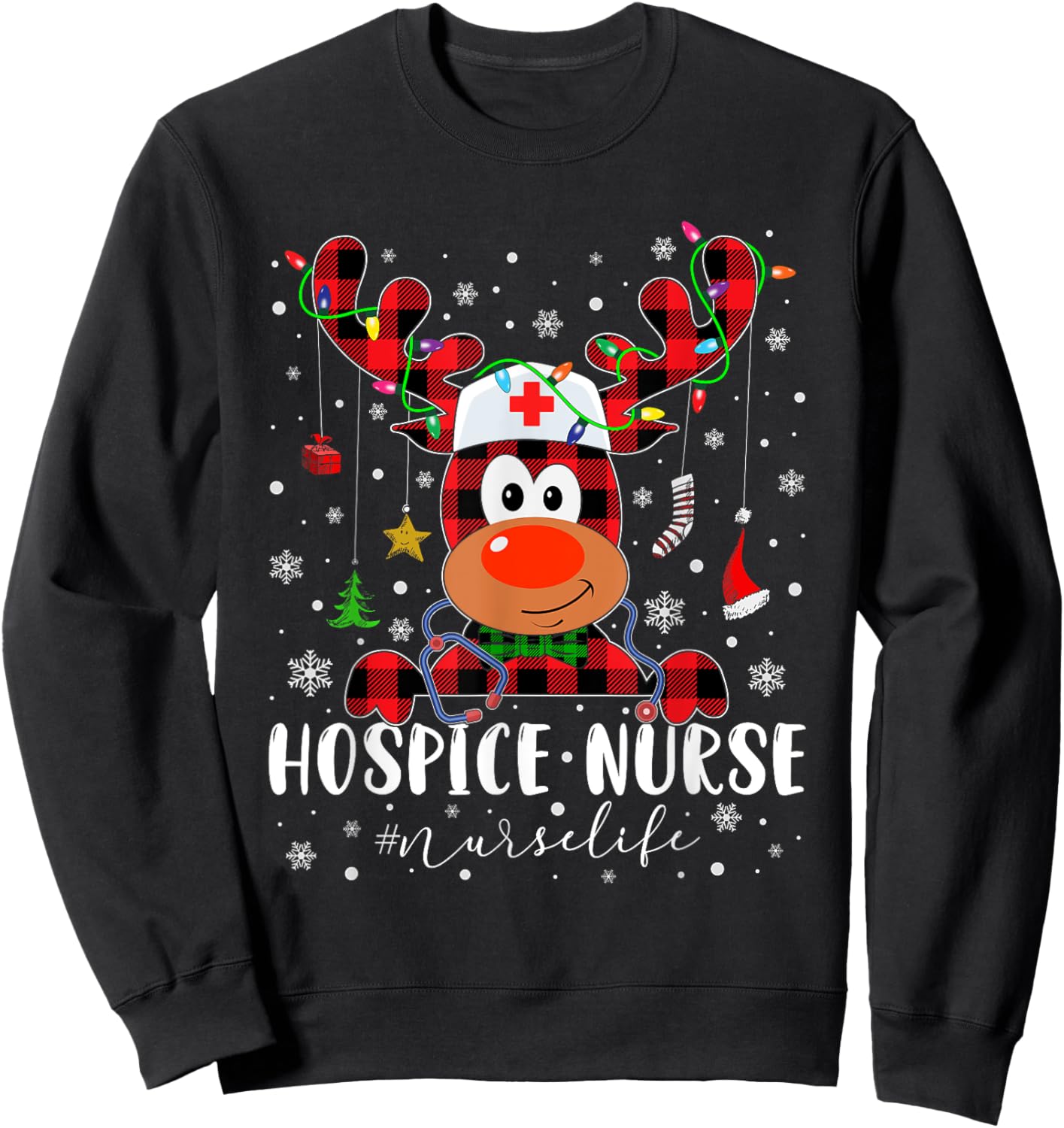Love Hospice Nurse Life Reindeer Nurse Christmas Pajama Sweatshirt - Sweatshirt | Black