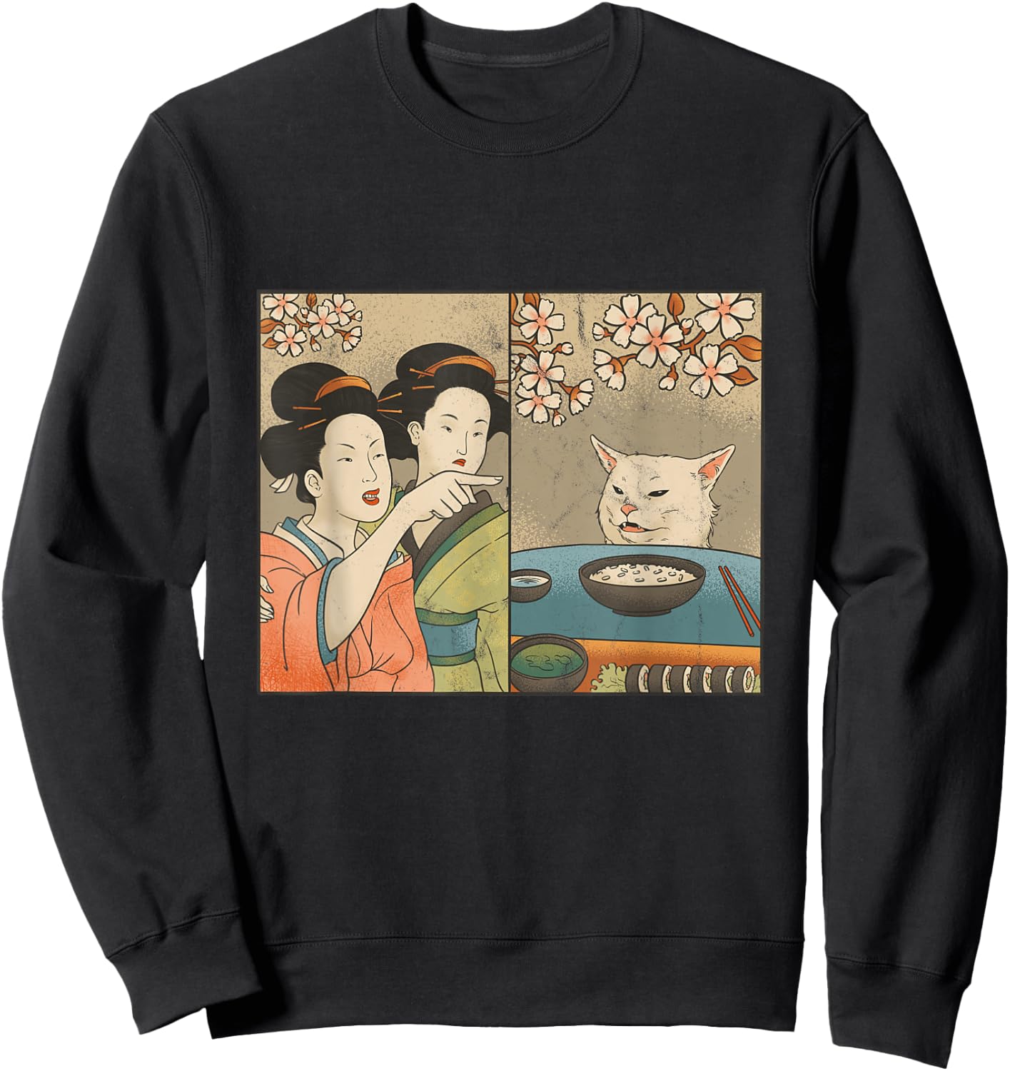 Japanese Art Cherry Blossom Cat and Sushi Sweatshirt - Sweatshirt | Black