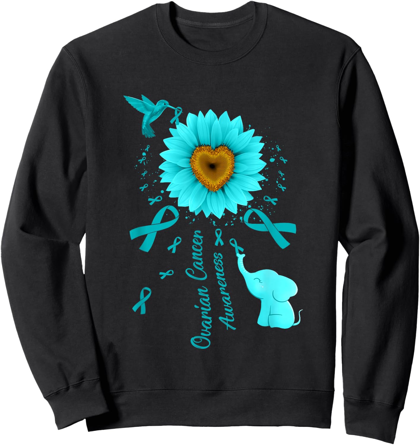 Sunflower Hummingbird Elephant Ovarian Cancer Awareness Sweatshirt - Sweatshirt | Black