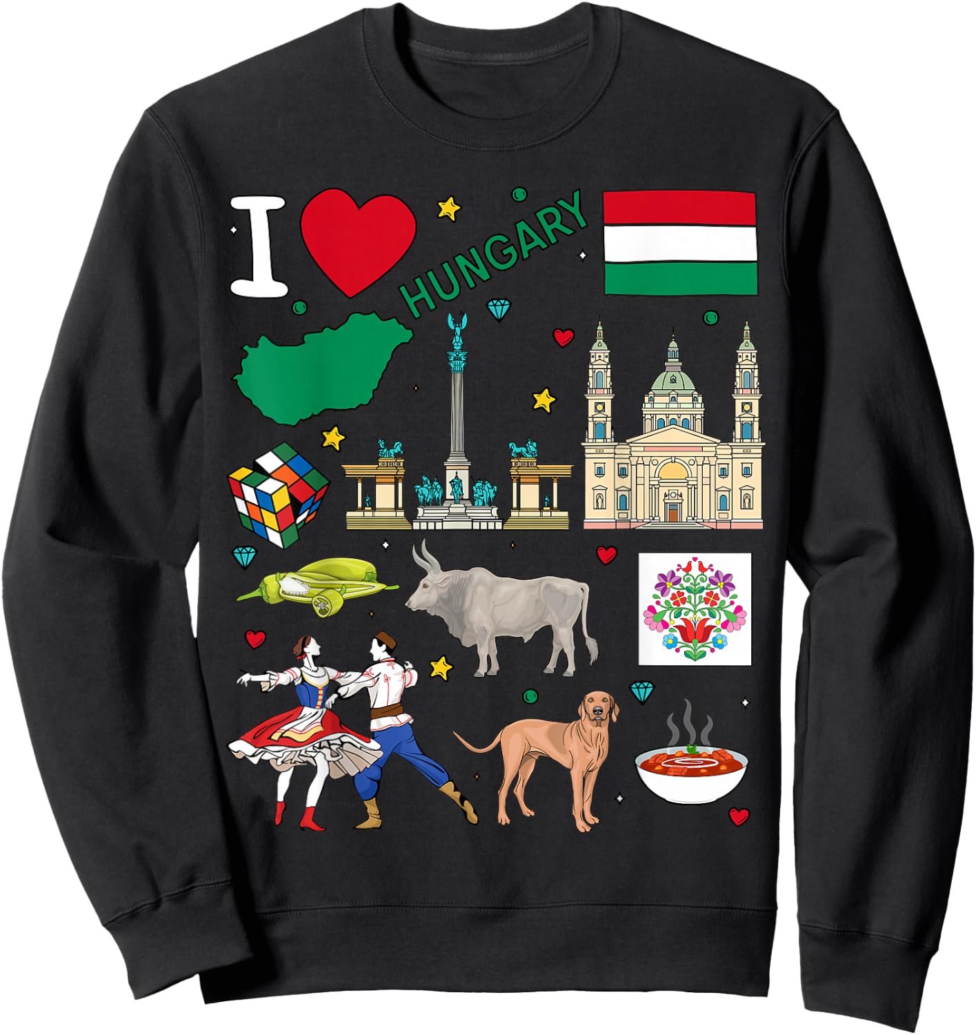 I love Hungary. Hand drawn Hungarian Landmarks, flag and map Sweatshirt - Sweatshirt | Black