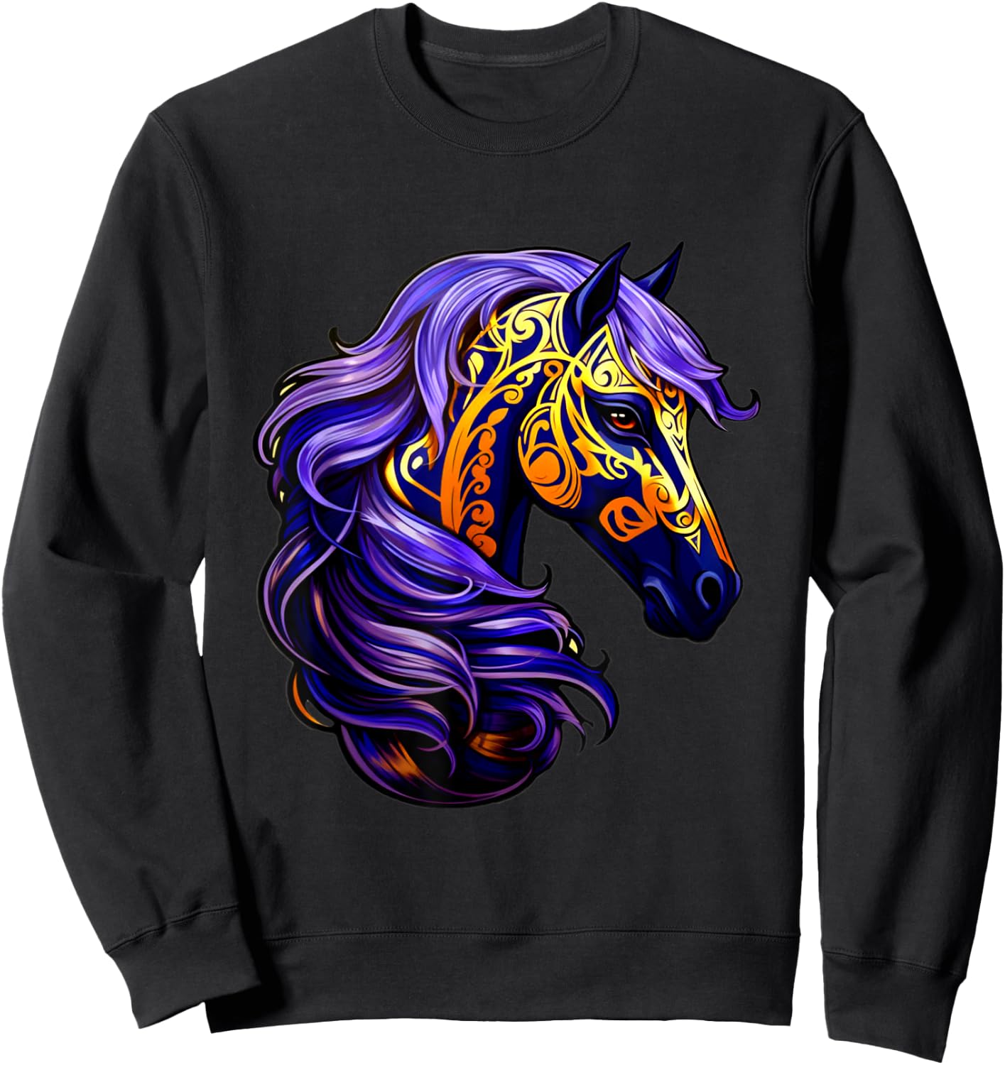 Purple Gold Black Horse Fantasy Swirl Wave Pattern Design Sweatshirt - Sweatshirt | Black