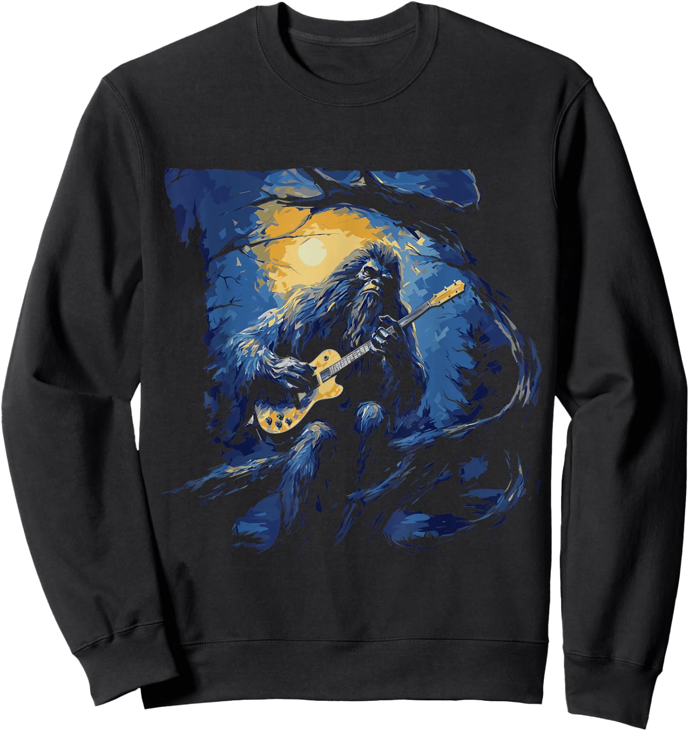 Bigfoot Playing a Guitar Starry Night Funny Sasquatch Rocker Sweatshirt - Sweatshirt | Black