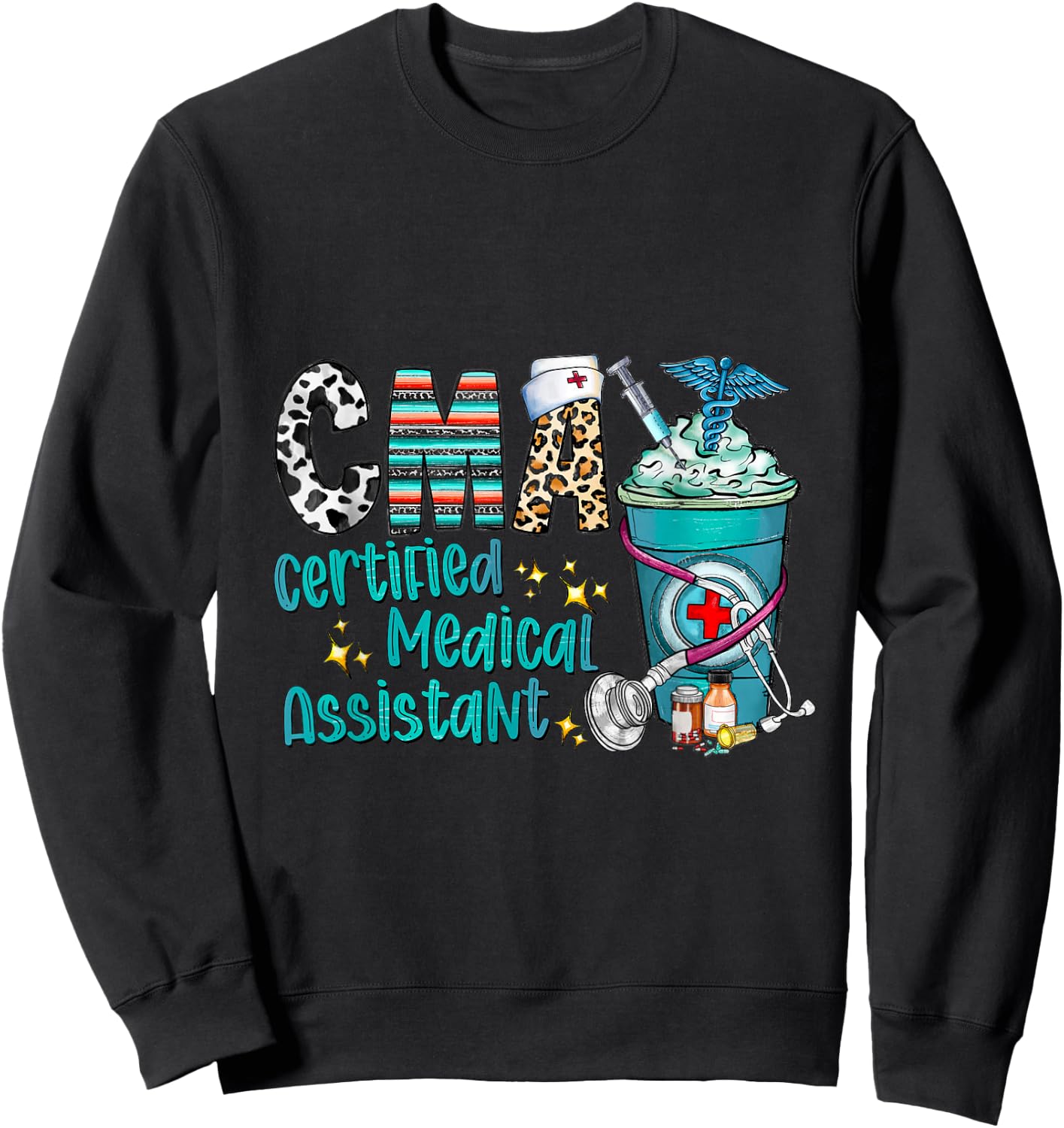 Certified Medical Assistant CMA Leopard Cowhide Coffee Cup Sweatshirt - Sweatshirt | Black