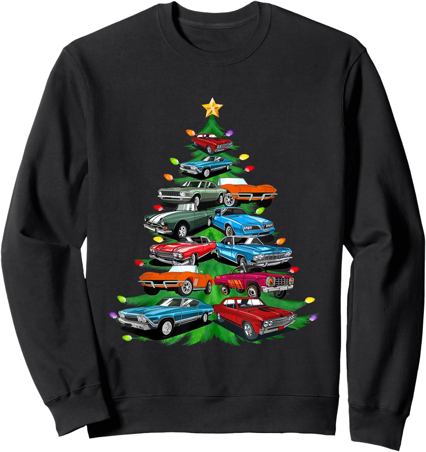 Car Madness Christmas Tree -Classic Muscle Cars and Hotrods Sweatshirt - Sweatshirt | Black