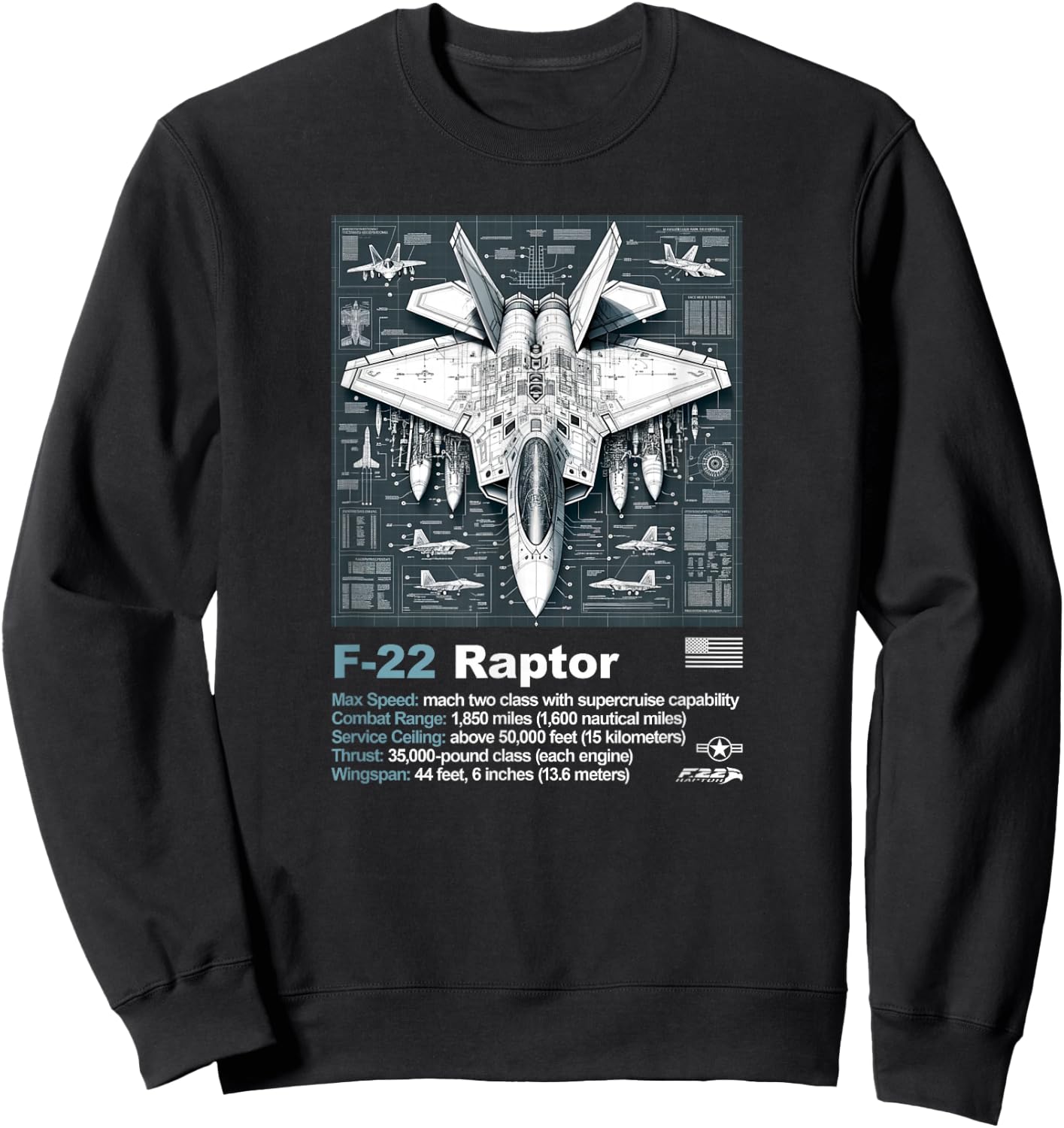 F22 Raptor Fighter Jet Blueprint Technical Drawing & Specs Sweatshirt - Sweatshirt | Black