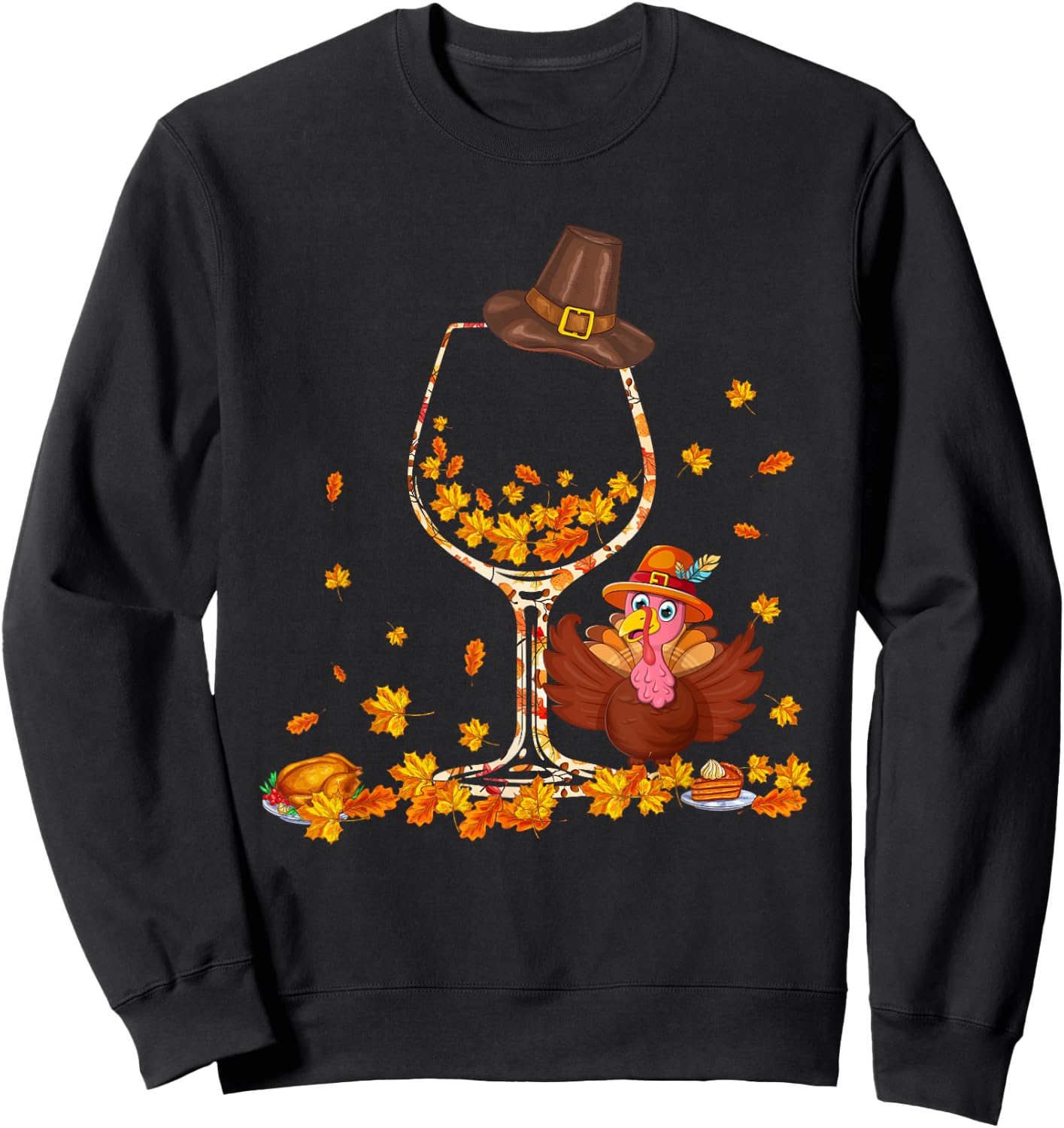Fall Leaves Floral As Wine Glasses Shape Thanksgiving Turkey Sweatshirt - Sweatshirt | Black
