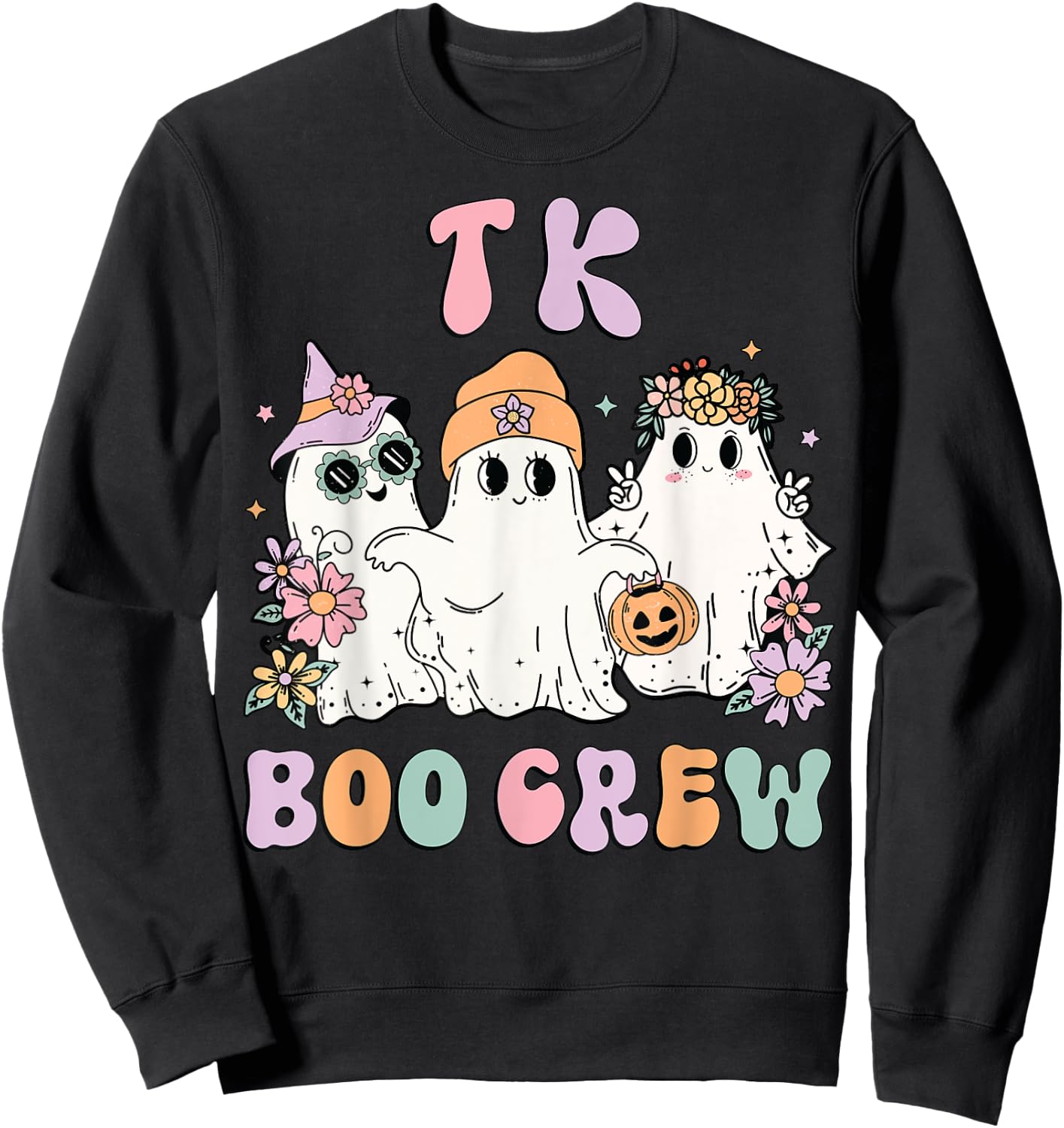 TK Boo Crew Retro Groovy Halloween Floral Ghost TK Teacher Sweatshirt - Sweatshirt | Black