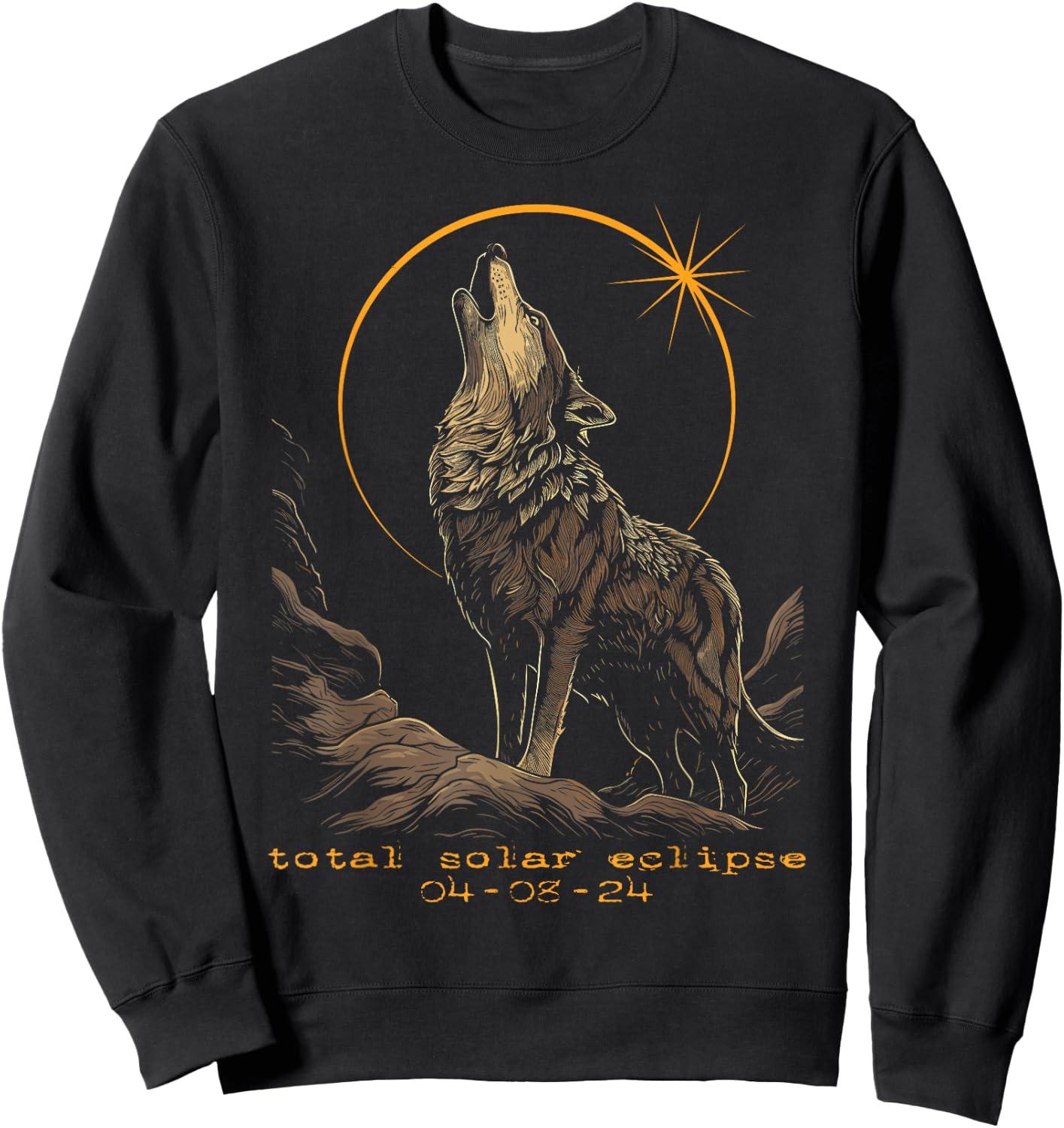 2024 Total Solar Eclipse April 8 Wolf Sweatshirt - Sweatshirt | Black