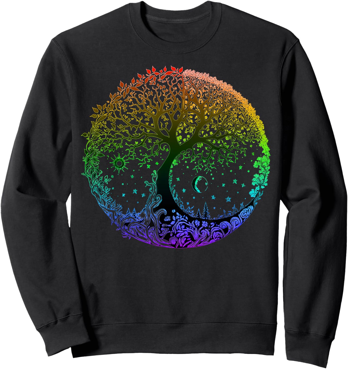 Tree of Life Sun Moon Seasons Mandala Chakras Yoga Graphic Sweatshirt - Sweatshirt | Black