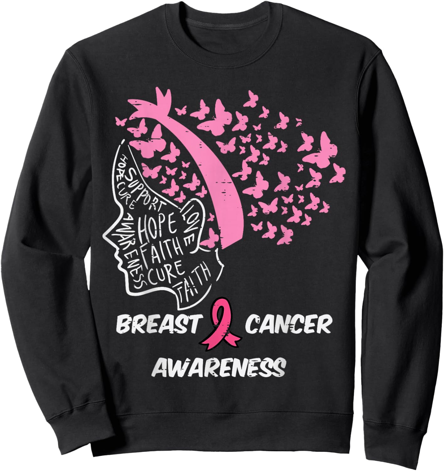 Butterfly Pink Ribbon Woman Breast Cancer Awareness Women Sweatshirt - Sweatshirt | Black