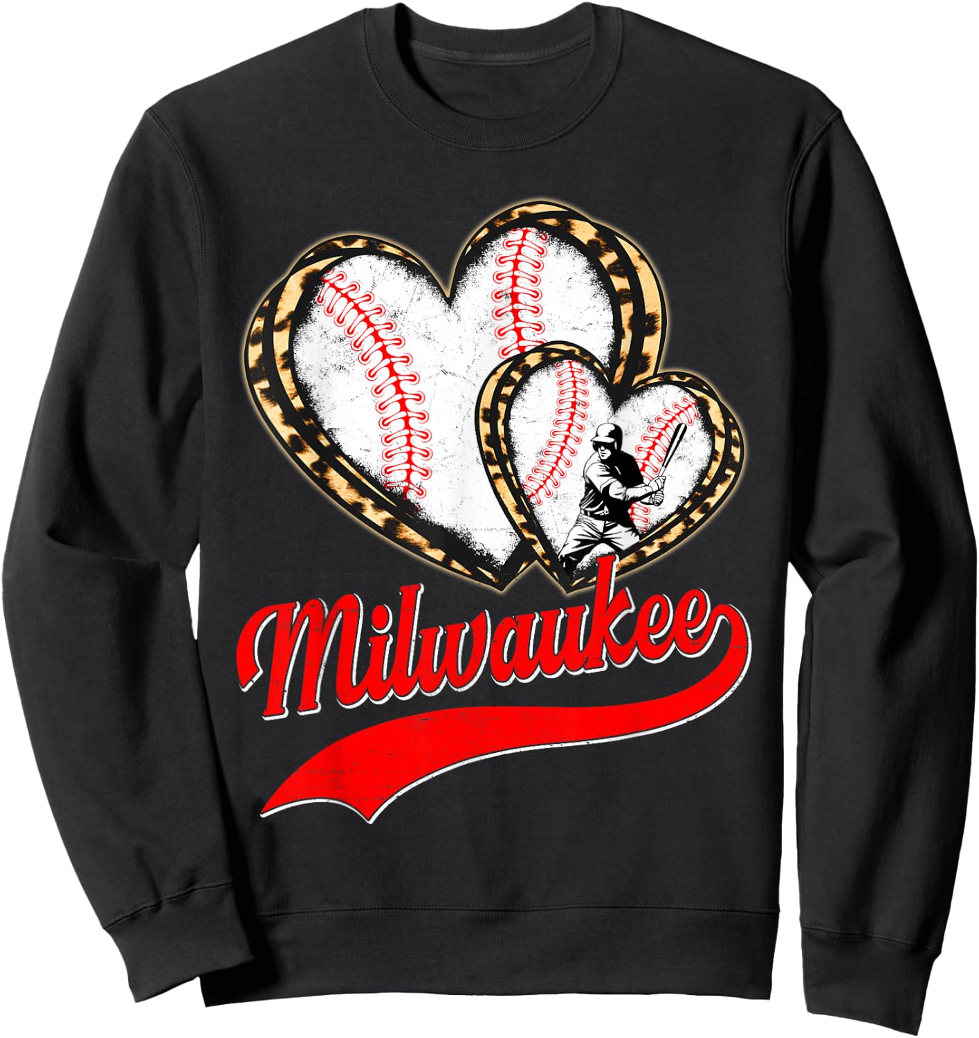 Vintage Milwaukee Baseball Leopard Heart Baseball Fans Sweatshirt - Sweatshirt | Black