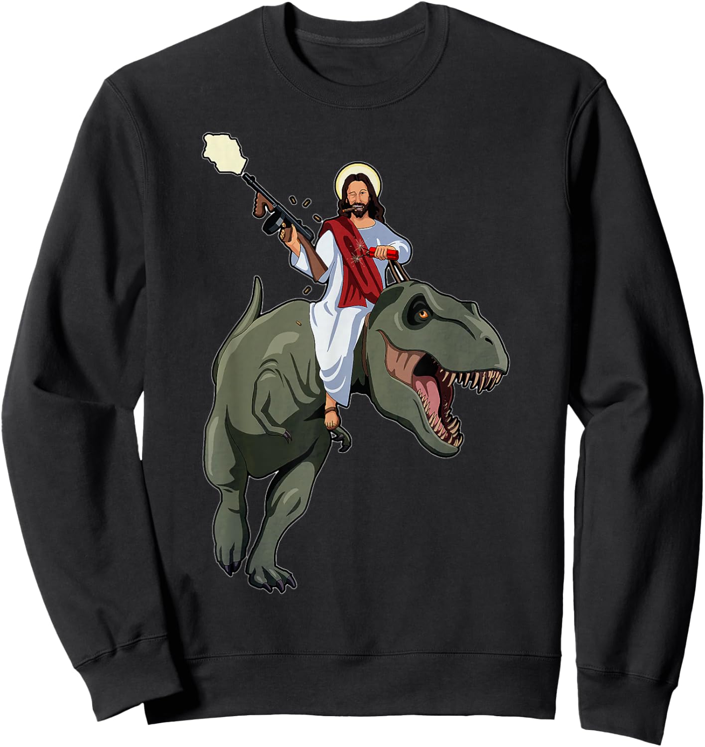 Gun Jesus Riding A T-rex Dinosaur Funny Christian Dino Lover Sweatshirt - Sweatshirt | Black