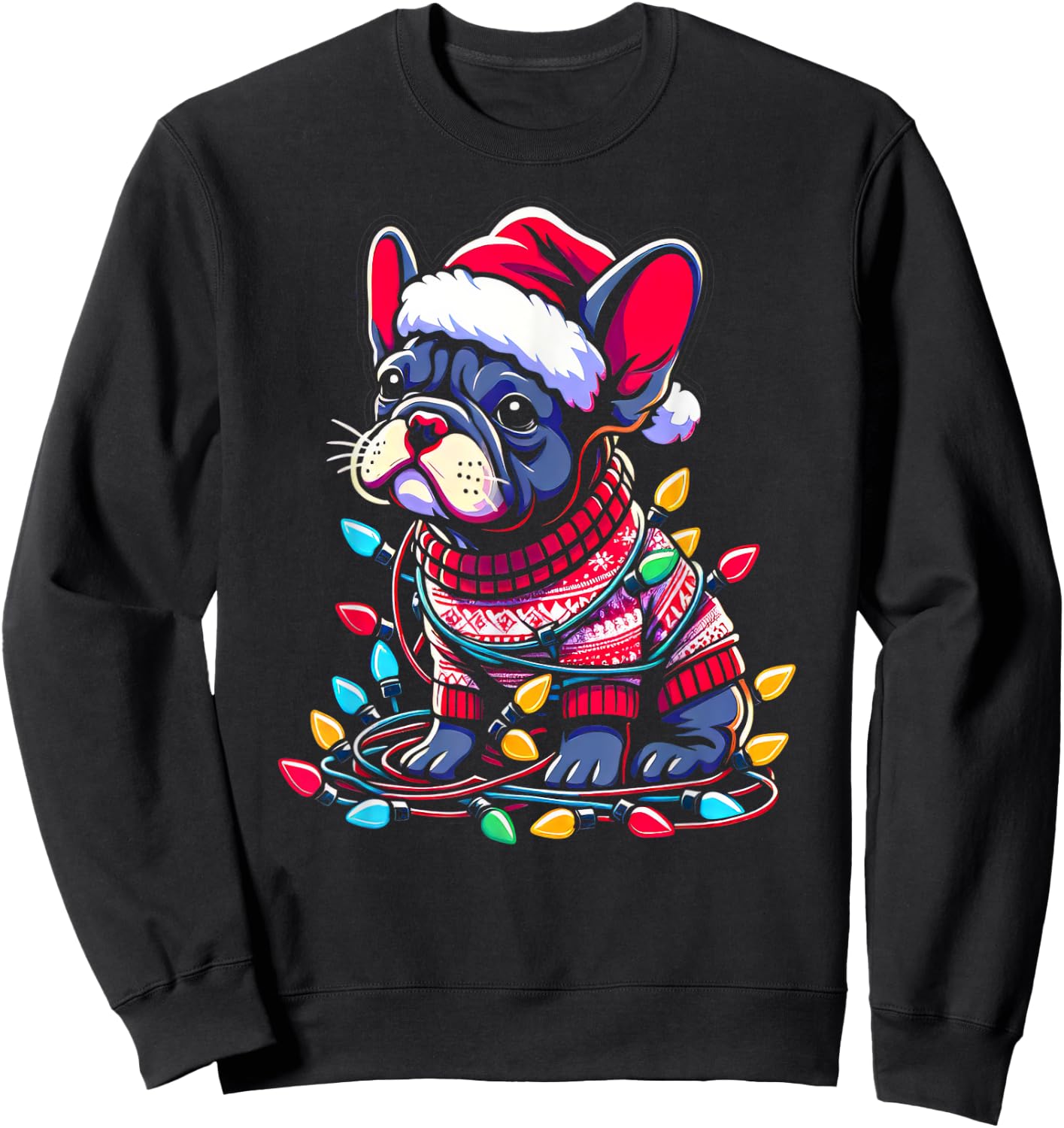 Funny Frenchie Tree Xmas Lights Pajama Sweatshirt - Sweatshirt | Black