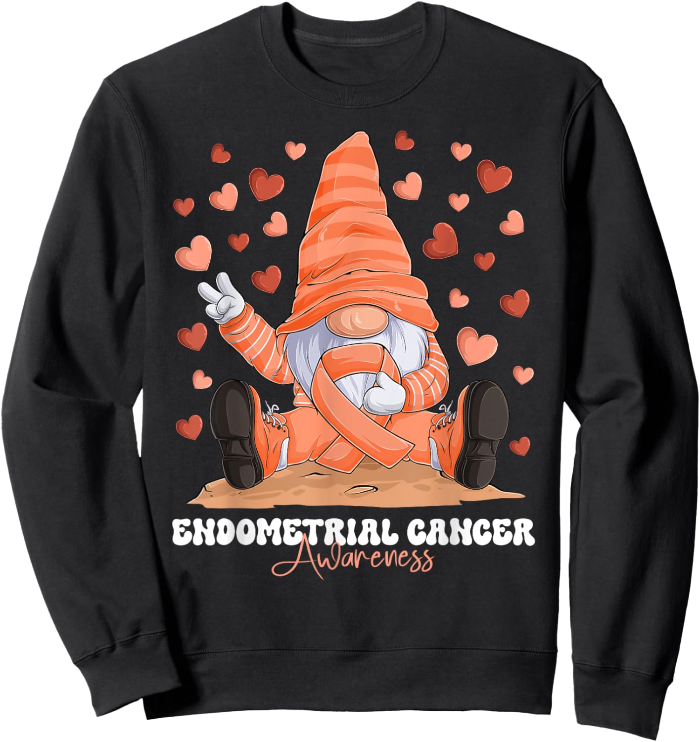 Endometrial Cancer Awareness Month Peach Ribbon Gnome Sweatshirt - Sweatshirt | Black