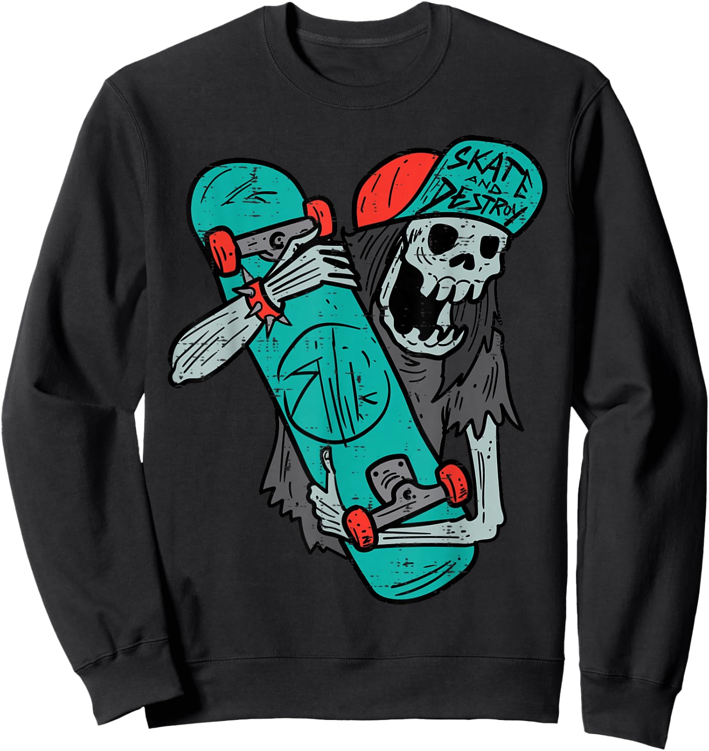 Skater Skeleton Retro VIntage Skateboard Halloween Boys Sweatshirt - Sweatshirt | Black