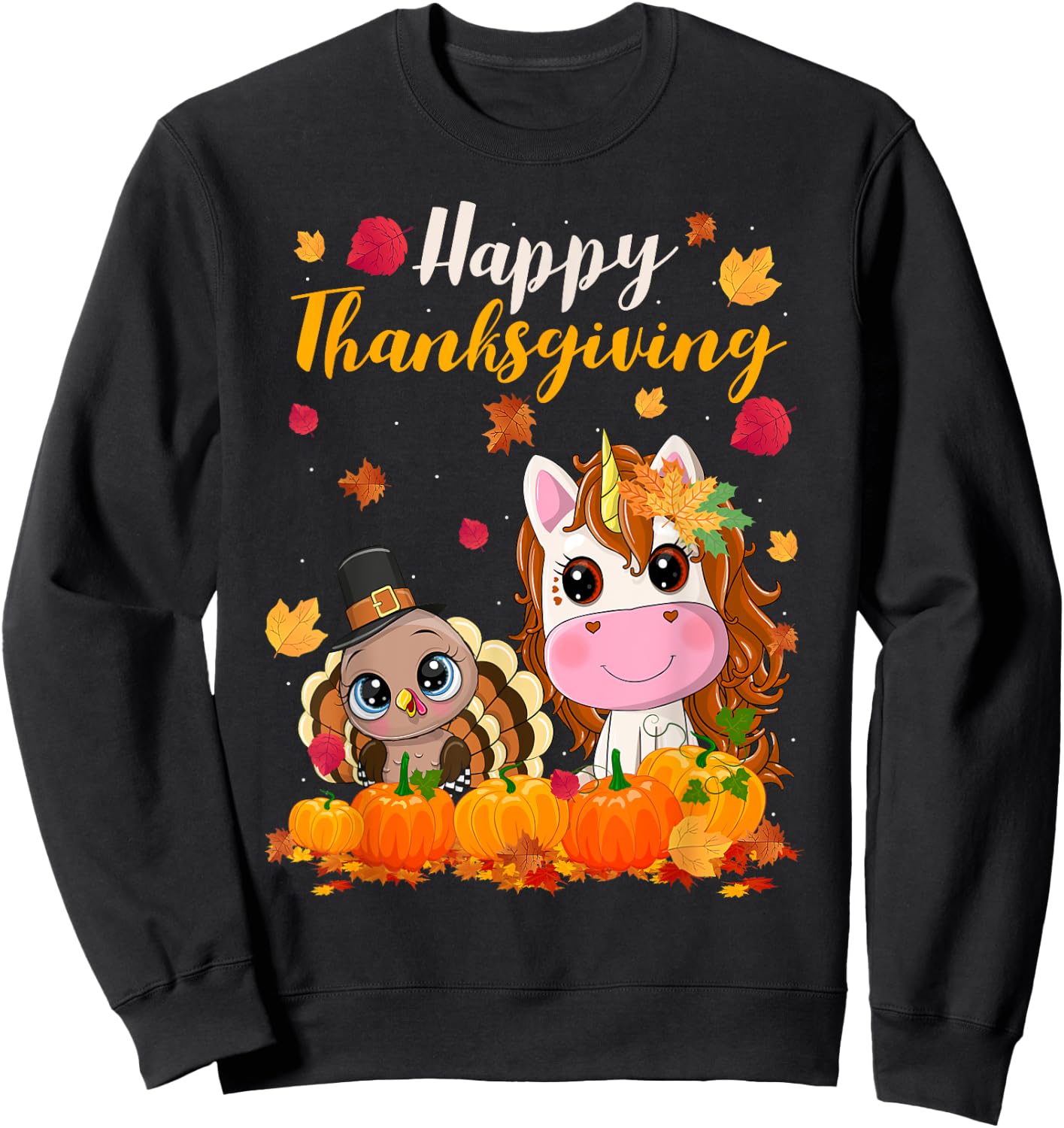 Cute Unicorn Turkey Pilgrim Thanksgiving Fall Little Girls Sweatshirt - Sweatshirt | Black