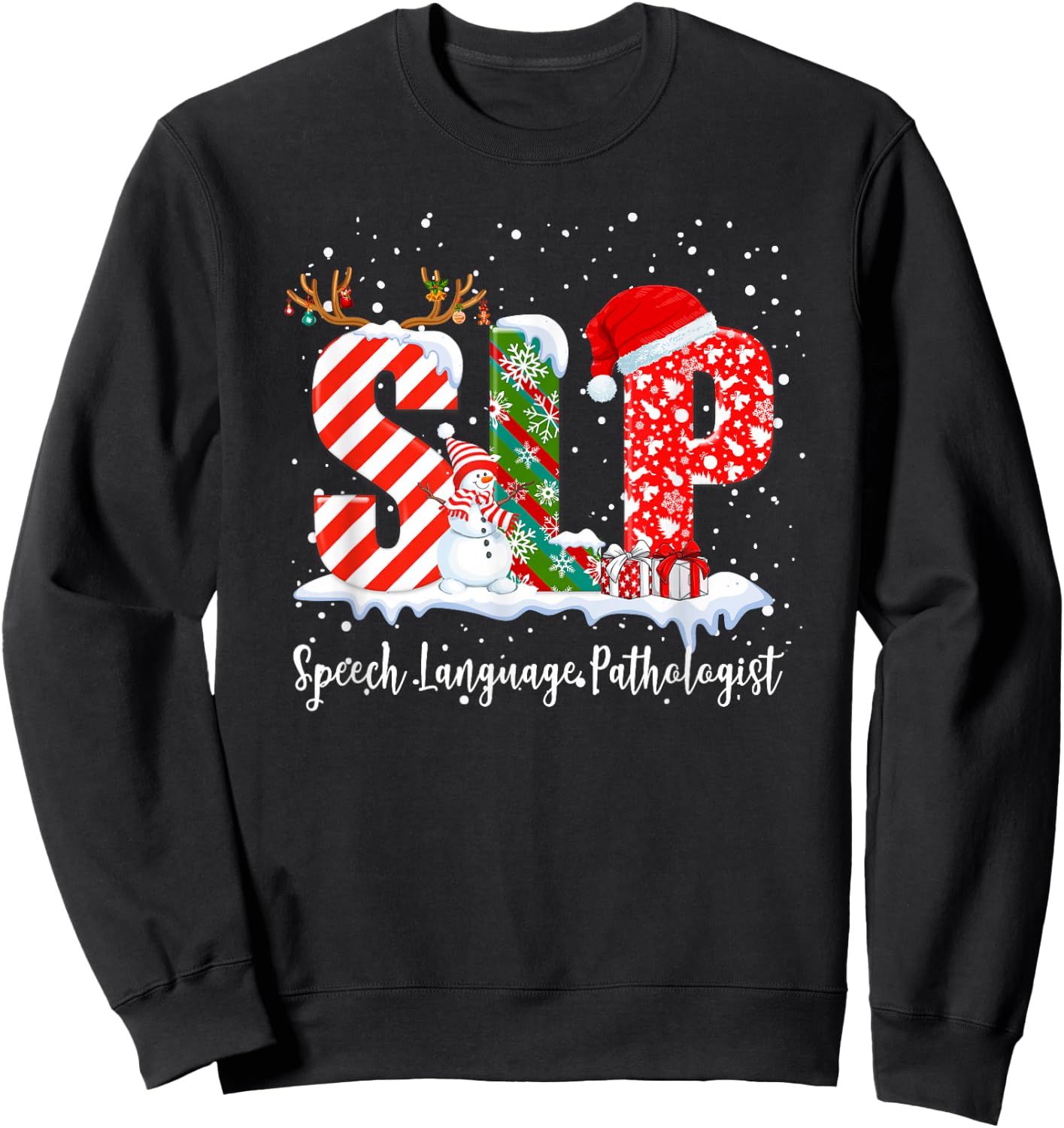 Funny SLP Speech Language Pathologist Santa Christmas Pajama Sweatshirt - Sweatshirt | Black