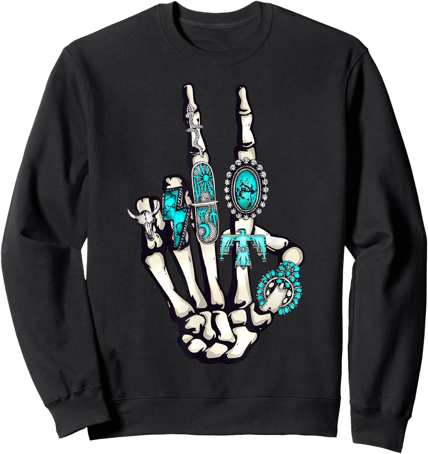 Skeleton with Turquoise Hand Western Skeleton Rings Lover Sweatshirt - Sweatshirt | Black