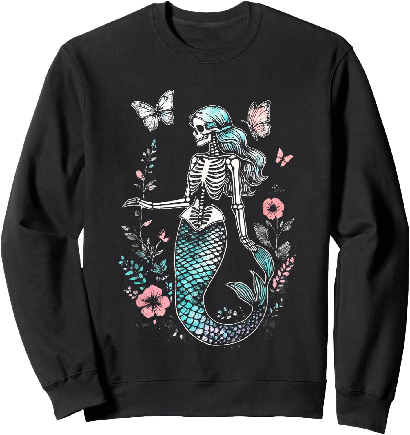 Goth Floral Butterflies Kawaii Skeleton Mermaid Sweatshirt - Sweatshirt | Black