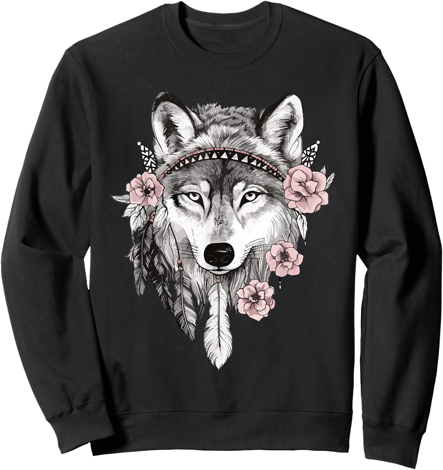 Ethnic Tribal Wolf Head Boho Feather Native American Art Sweatshirt - Sweatshirt | Black