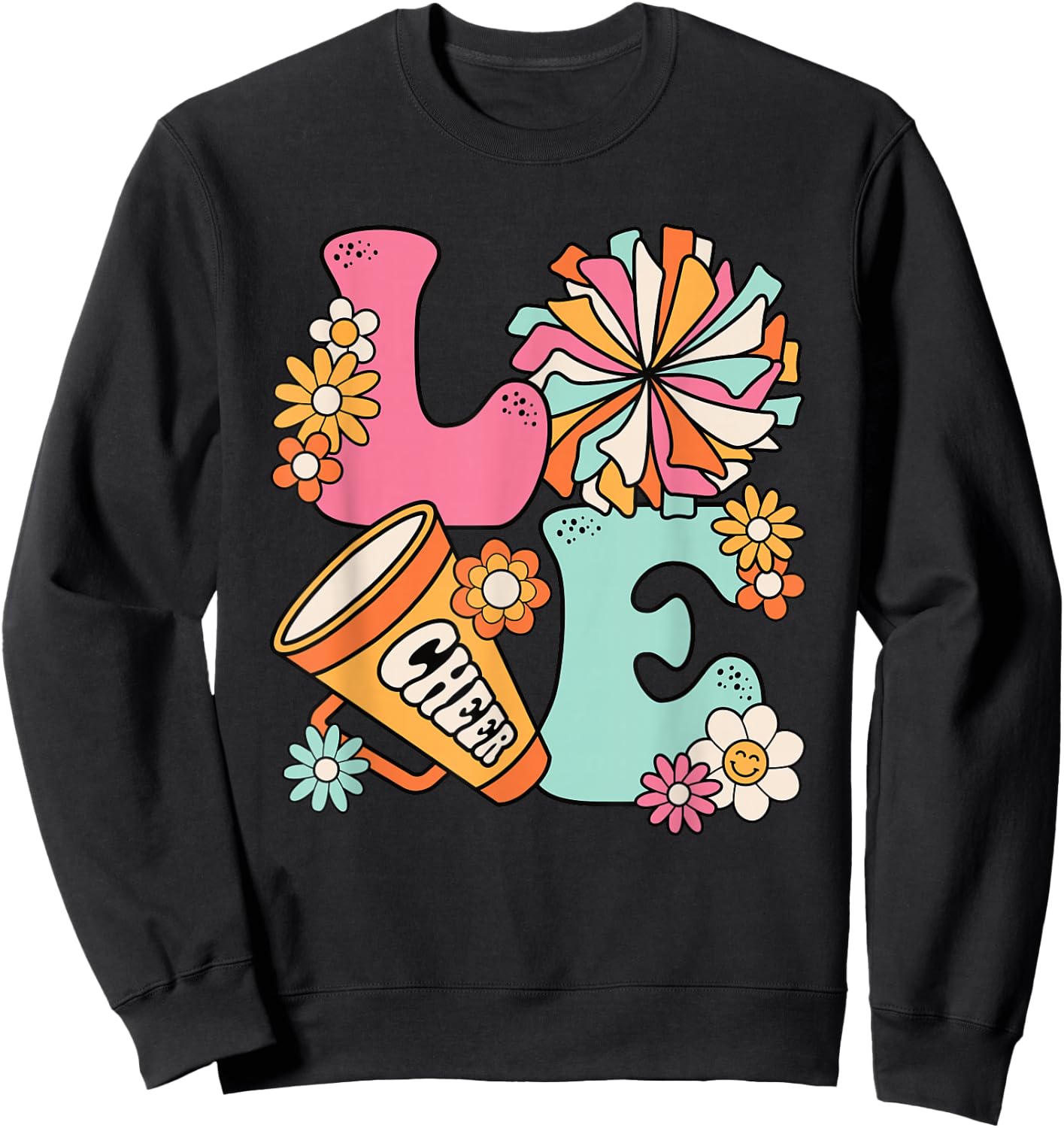 Love Cheer Groovy Cheerleader Cheerleading Women Girls Teens Sweatshirt - Sweatshirt | Black