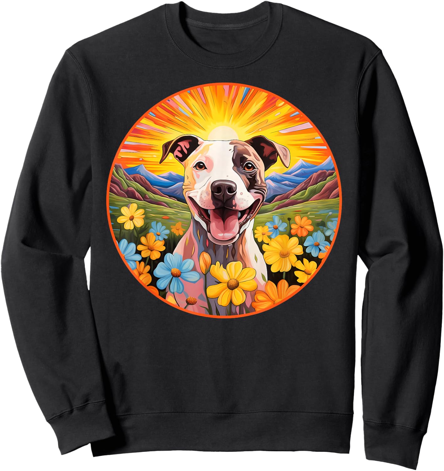 Cute Pitbull Colorful Flower Mountain Sunset Puppy Dog Sweatshirt - Sweatshirt | Black
