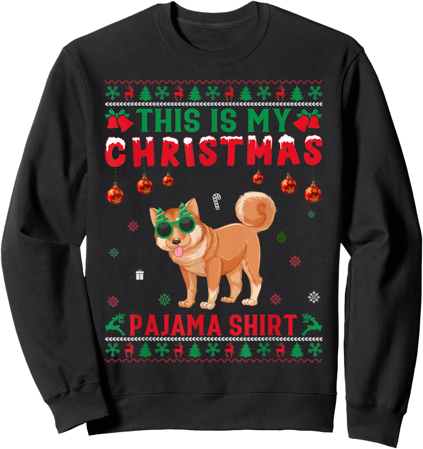 Ugly Xmas Holiday This Is My Shiba Inu Dog Christmas Pajama Sweatshirt - Sweatshirt | Black