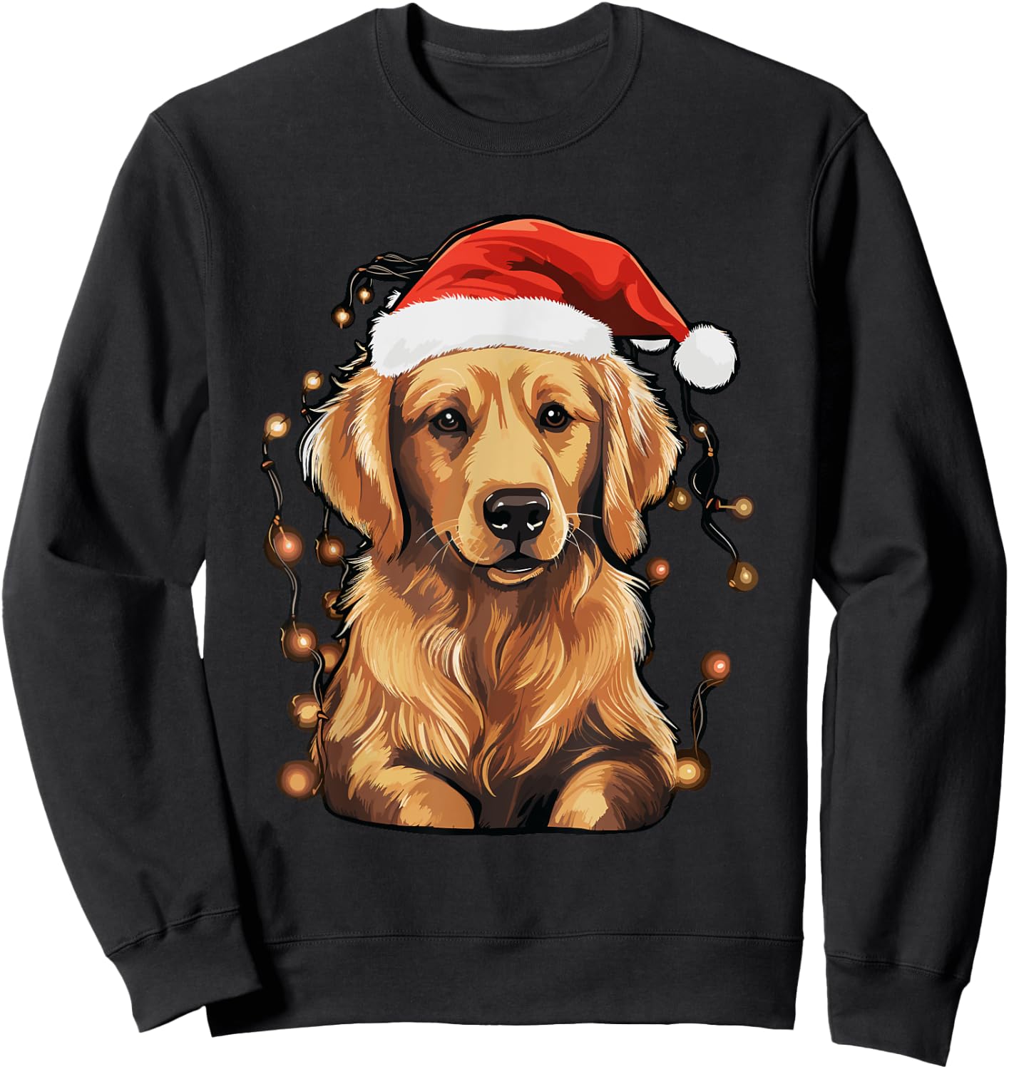Golden Retriever Dog Christmas Lights Santa Hat Xmas Pajama Sweatshirt - Sweatshirt | Black
