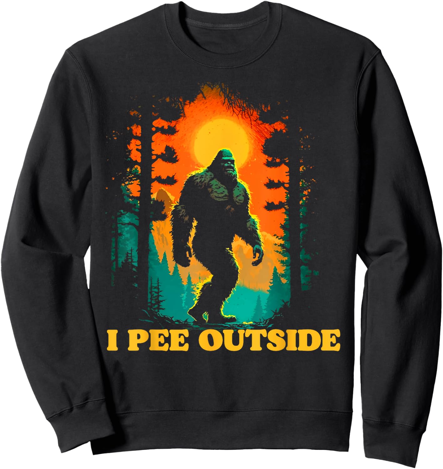 I Pee Outside Funny Bigfoot Hiking Sasquatch Retro Sunset Sweatshirt - Sweatshirt | Black
