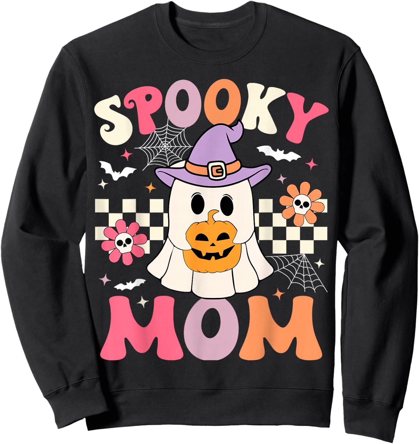 Groovy Spooky Mom Retro Ghost Holding Pumpkin Halloween Sweatshirt - Sweatshirt | Black